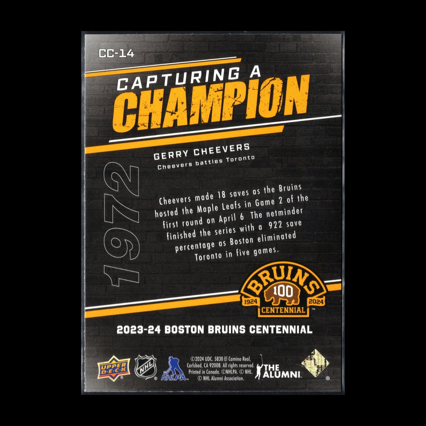 2023-24 UD Boston Bruins Centennial GERRY CHEEVERS #CC-14 Capturing A Champion