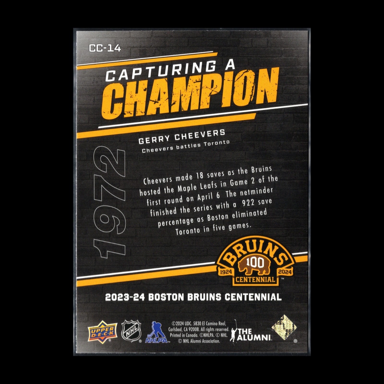 2023-24 UD Boston Bruins Centennial GERRY CHEEVERS #CC-14 Capturing A Champion
