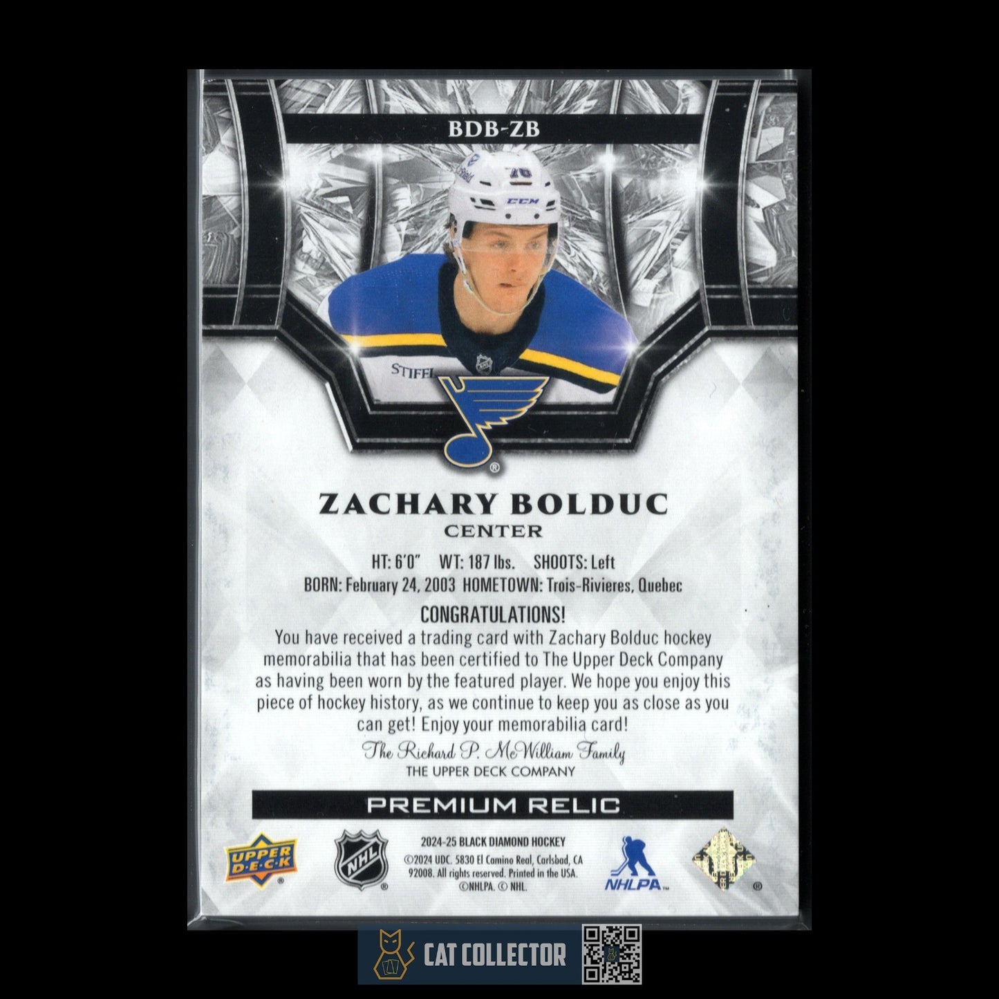 2024-25 Black Diamond ZACHARY BOLDUC #BDB-ZB Premium Relic RC /50 Patch 4 colors