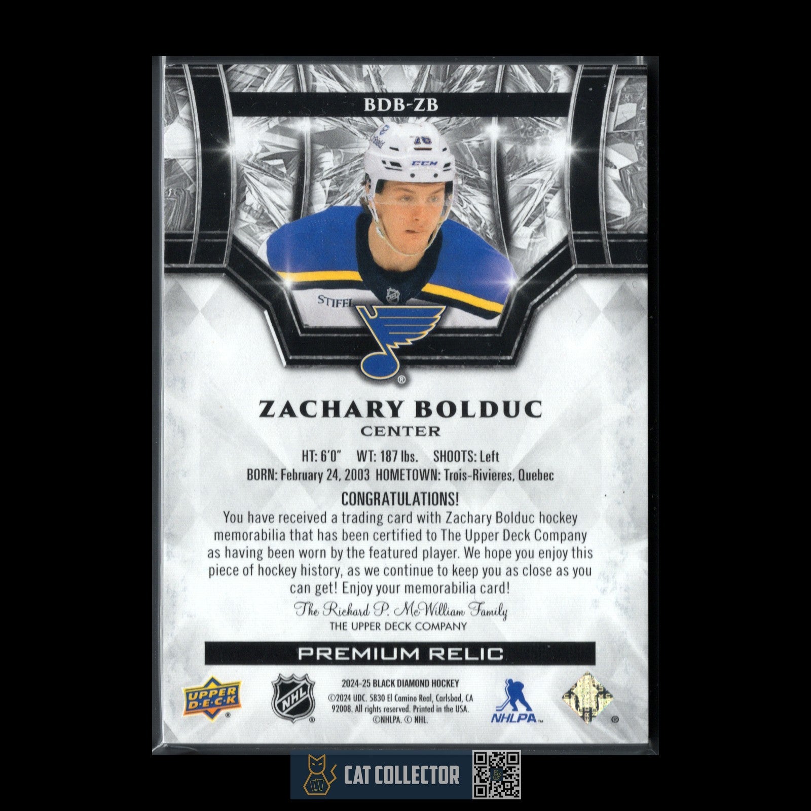 2024-25 Black Diamond ZACHARY BOLDUC #BDB-ZB Premium Relic RC /50 Patch 4 colors
