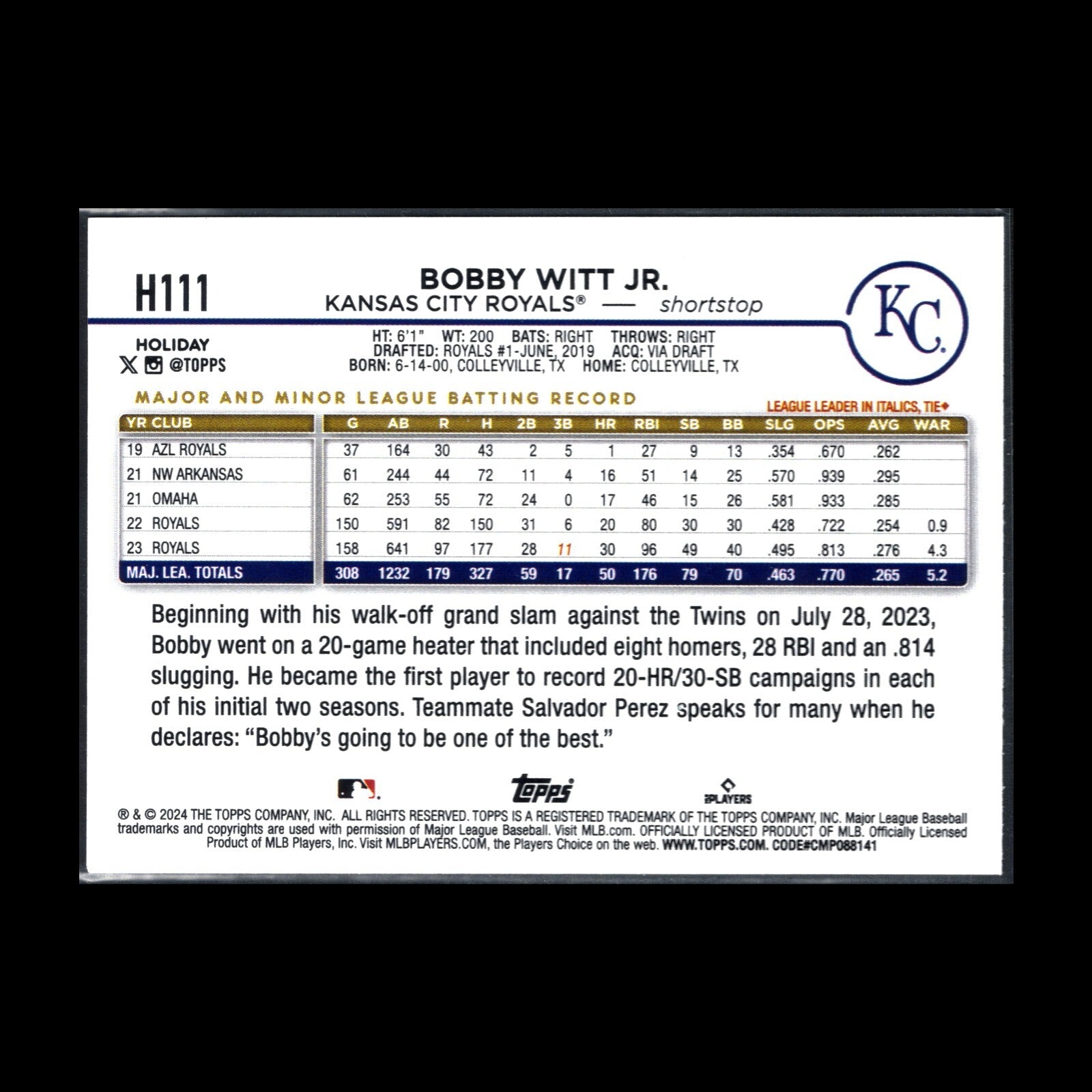 2024 Topps Holiday BOBBY WITT JR. #H111 Holiday Tree - Kansas City Royals