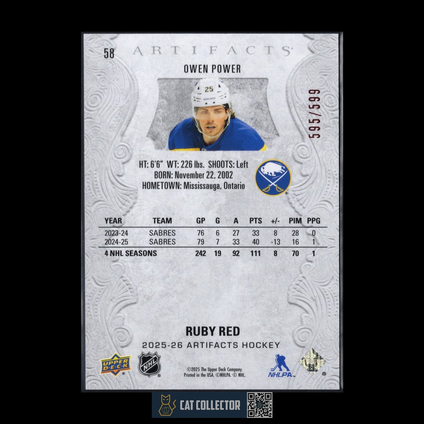2025-26 UD Artifacts OWEN POWER #58 Ruby Red Veteran /599