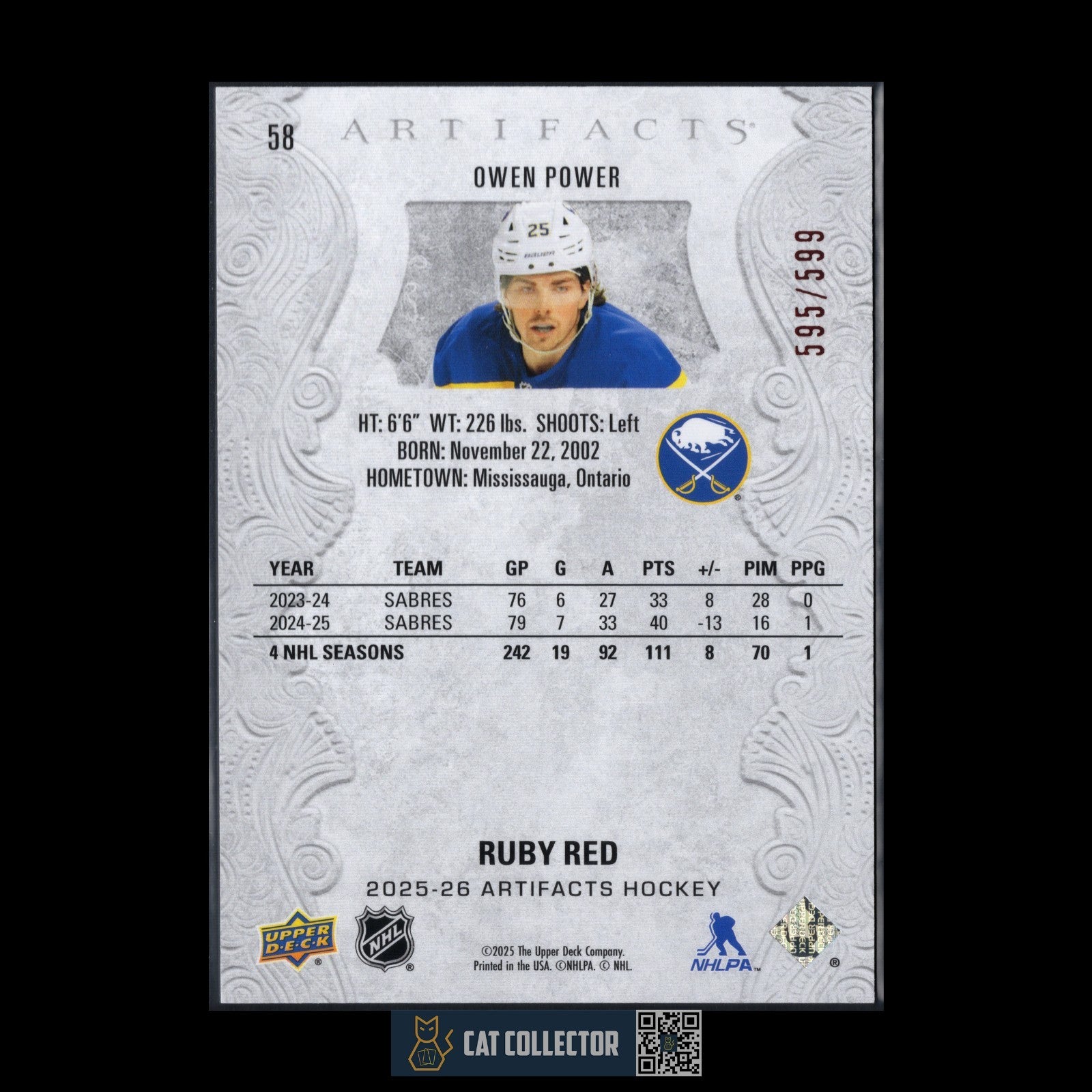 2025-26 UD Artifacts OWEN POWER #58 Ruby Red Veteran /599