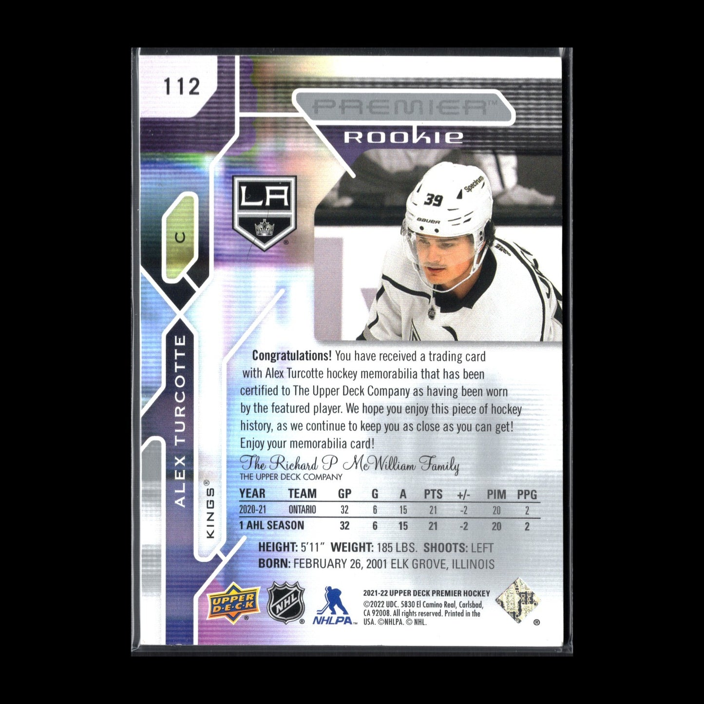 2021-22 UD Premier ALEX TURCOTTE #112 Jersey RC - Los Angeles Kings