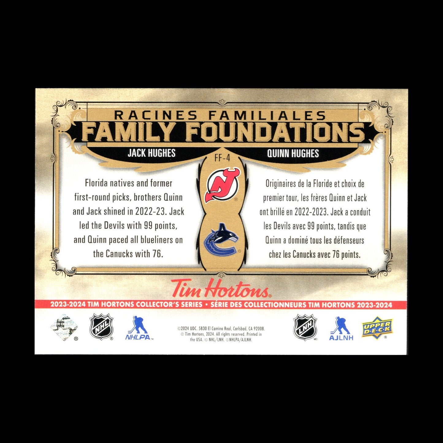 2023-24 UD Tim Hortons JACK & QUINN HUGHES #FF-4 Family Foundations