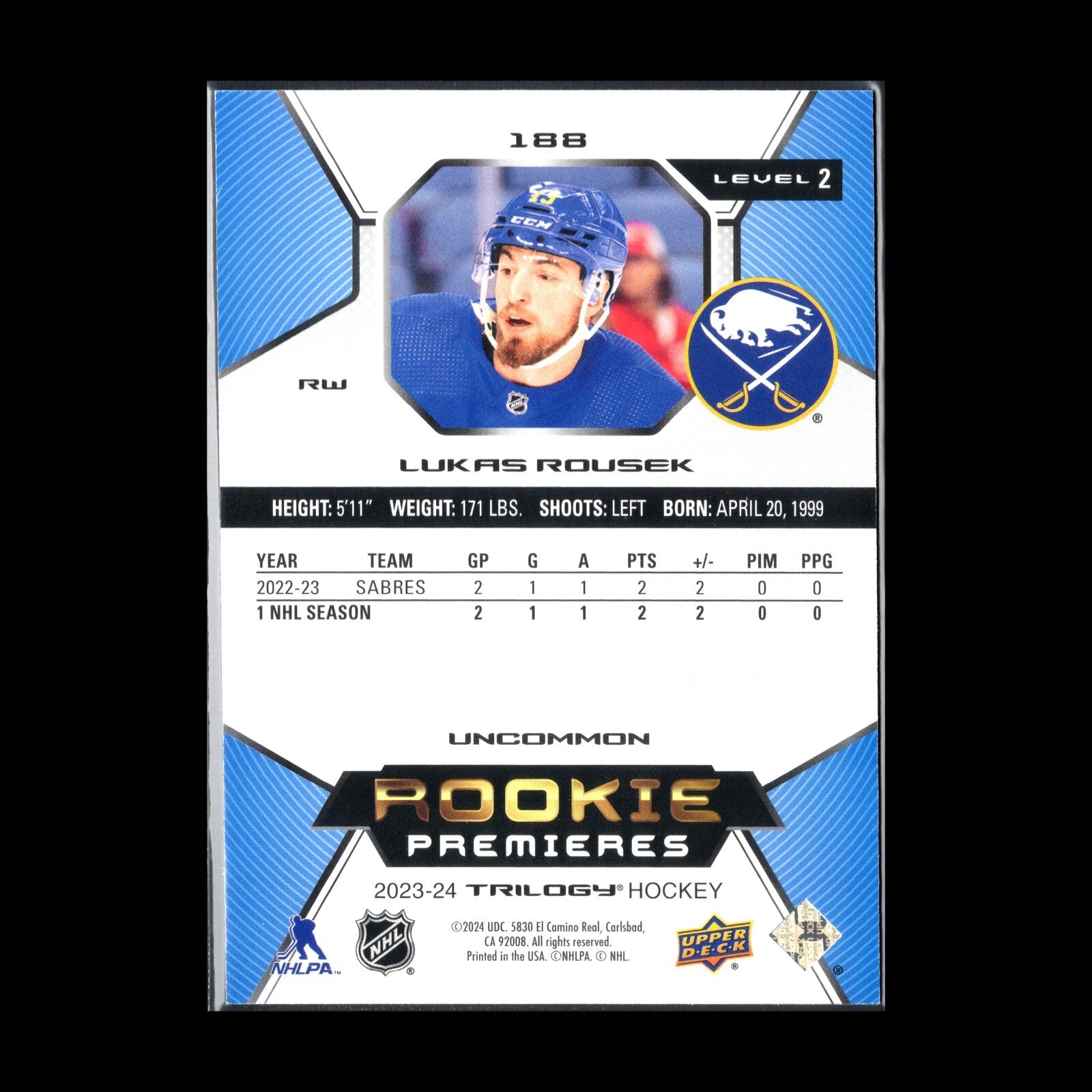 2023-24 UD Trilogy LUKAS ROUSEK #188 Rookie Premieres Level 2 RC /699