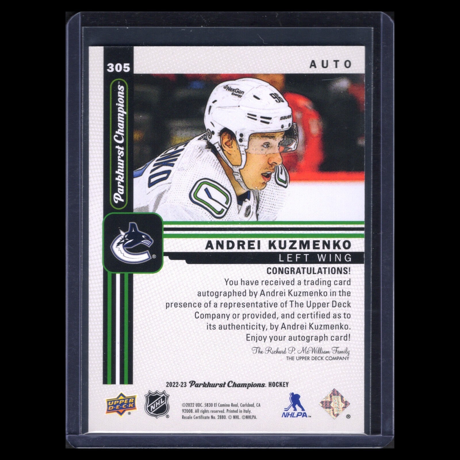 2022-23 UD Parkhurst Champions ANDREI KUZMENKO #305 Rookie RC AUTOGRAPH