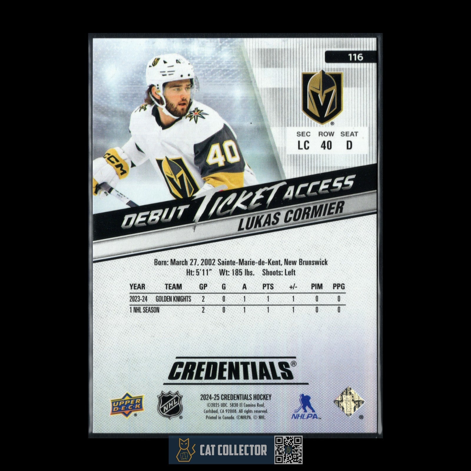 2024-25 UD Credentials LUKAS CORMIER #116 Debut Ticket Access /999 Rookie RC