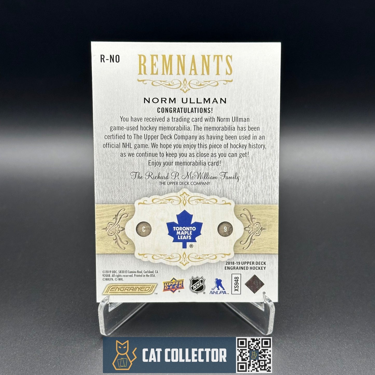 2018-19 UD Engrained NORM ULLMAN #R-NO Remnants 1/100 Game Used Stick 1st Print!