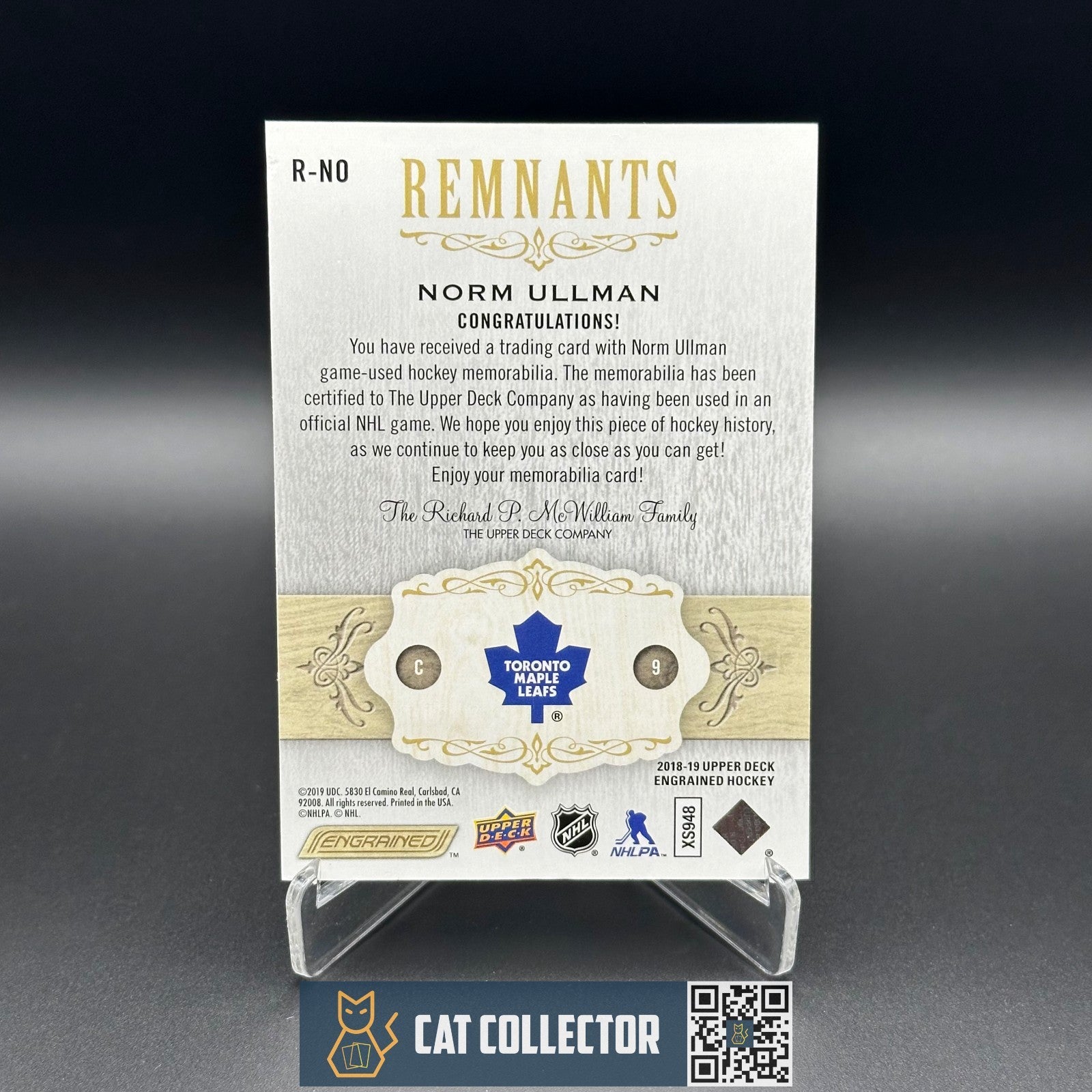 2018-19 UD Engrained NORM ULLMAN #R-NO Remnants 1/100 Game Used Stick 1st Print!