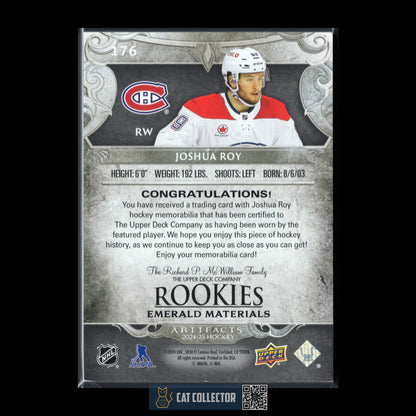 2024-25 UD Artifacts JOSHUA ROY #176 Emerald Materials Jersey /99 Rookie RC