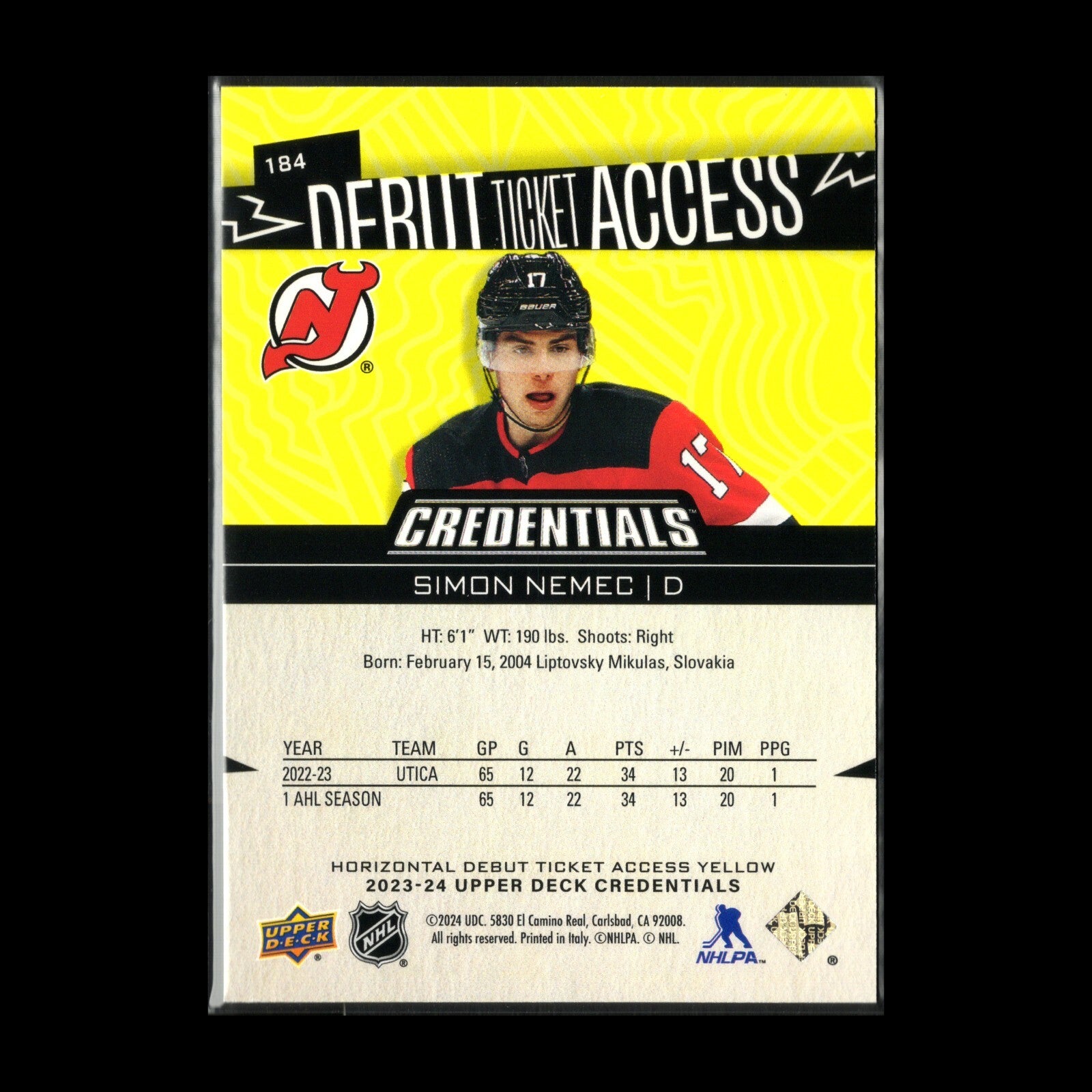 2023-24 UD Credentials SIMON NEMEC #184 Debut Ticket Access Yellow Rookie RC