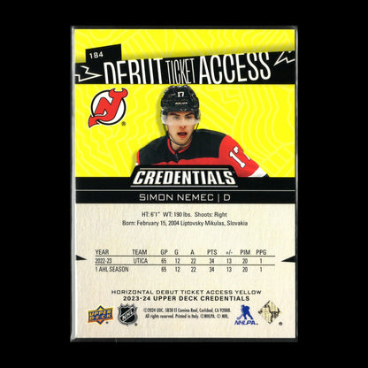 2023-24 UD Credentials SIMON NEMEC #184 Debut Ticket Access Yellow Rookie RC