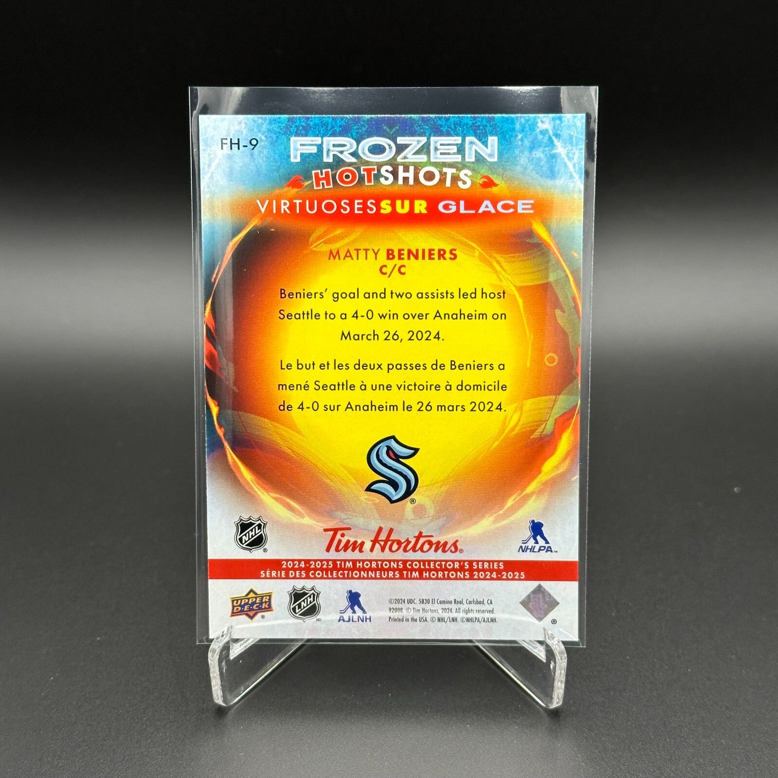 2024-25 UD Tim Hortons MATTY BENIERS #FH-9 Frozen hot shots - Seattle Kraken