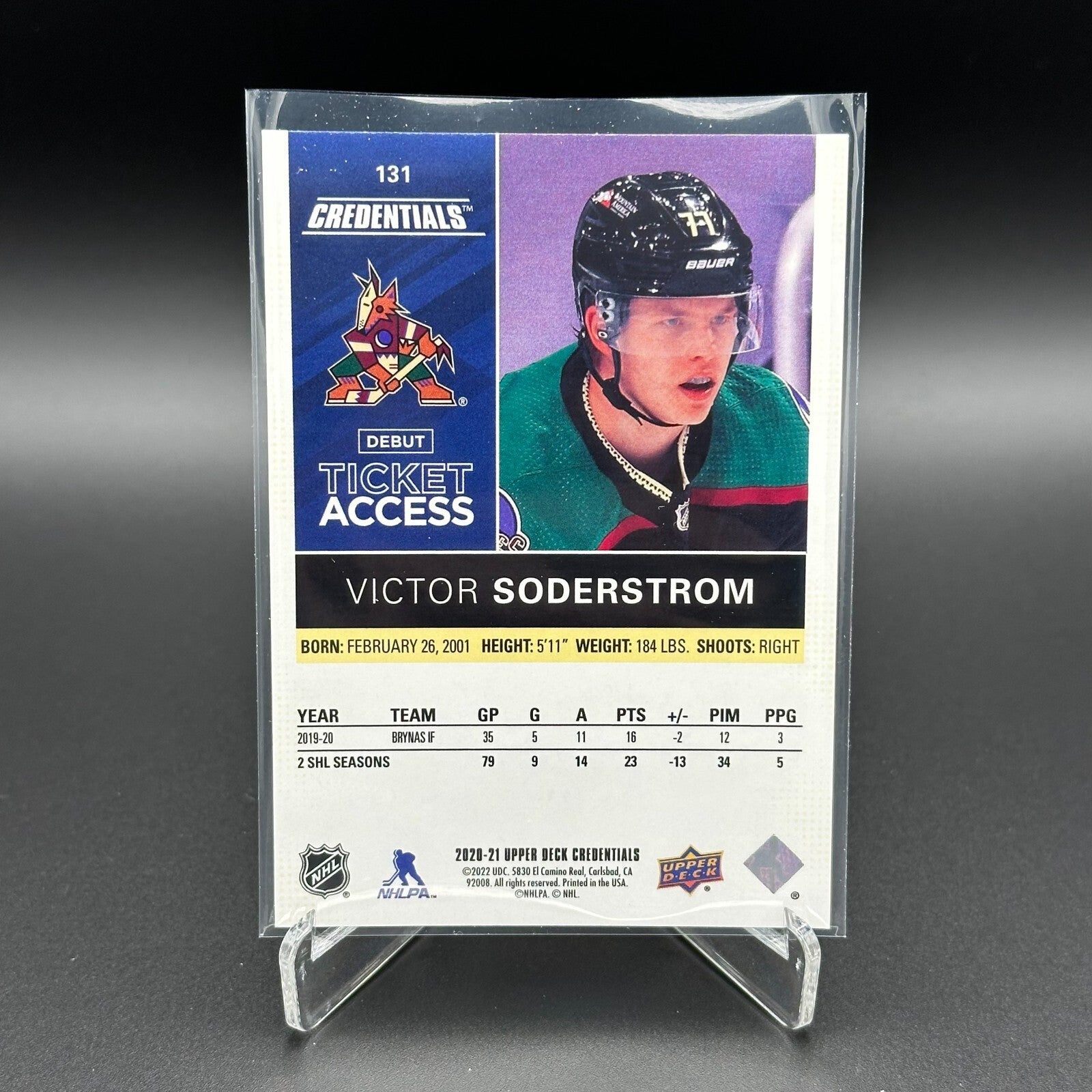 2020-21 UD Credentials VICTOR SODERSTROM #131 Debut Ticket Access Yellow RC /249