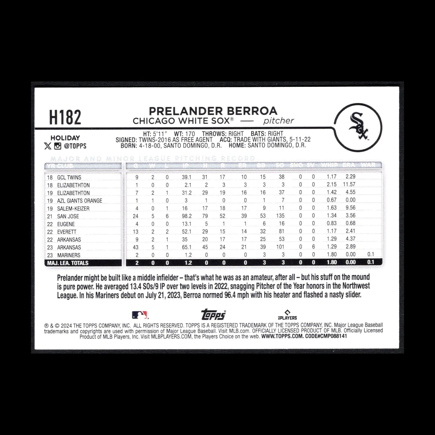 2024 Topps Holiday PRELANDER BERROA #H182 RC - Chicago White Sox