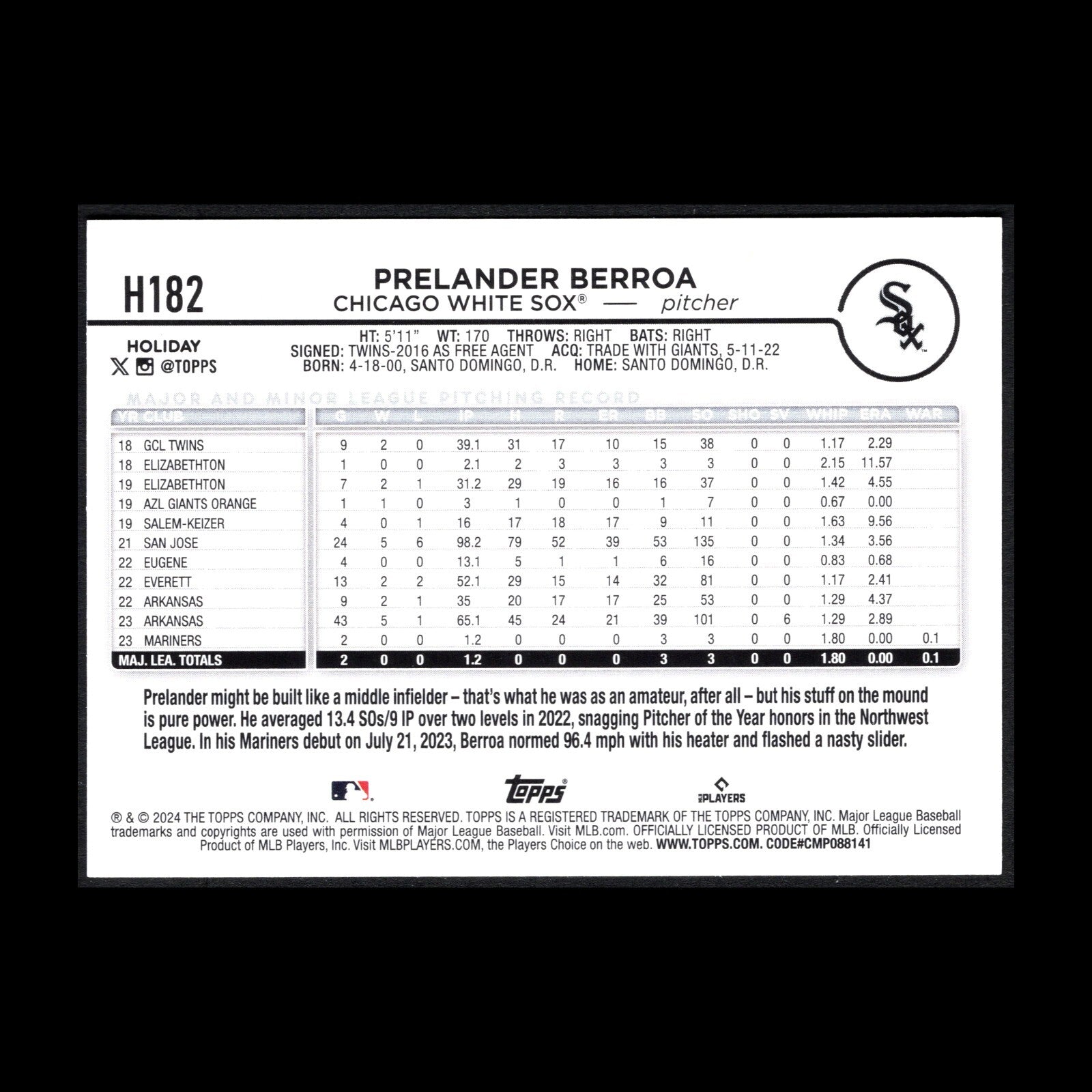 2024 Topps Holiday PRELANDER BERROA #H182 RC - Chicago White Sox
