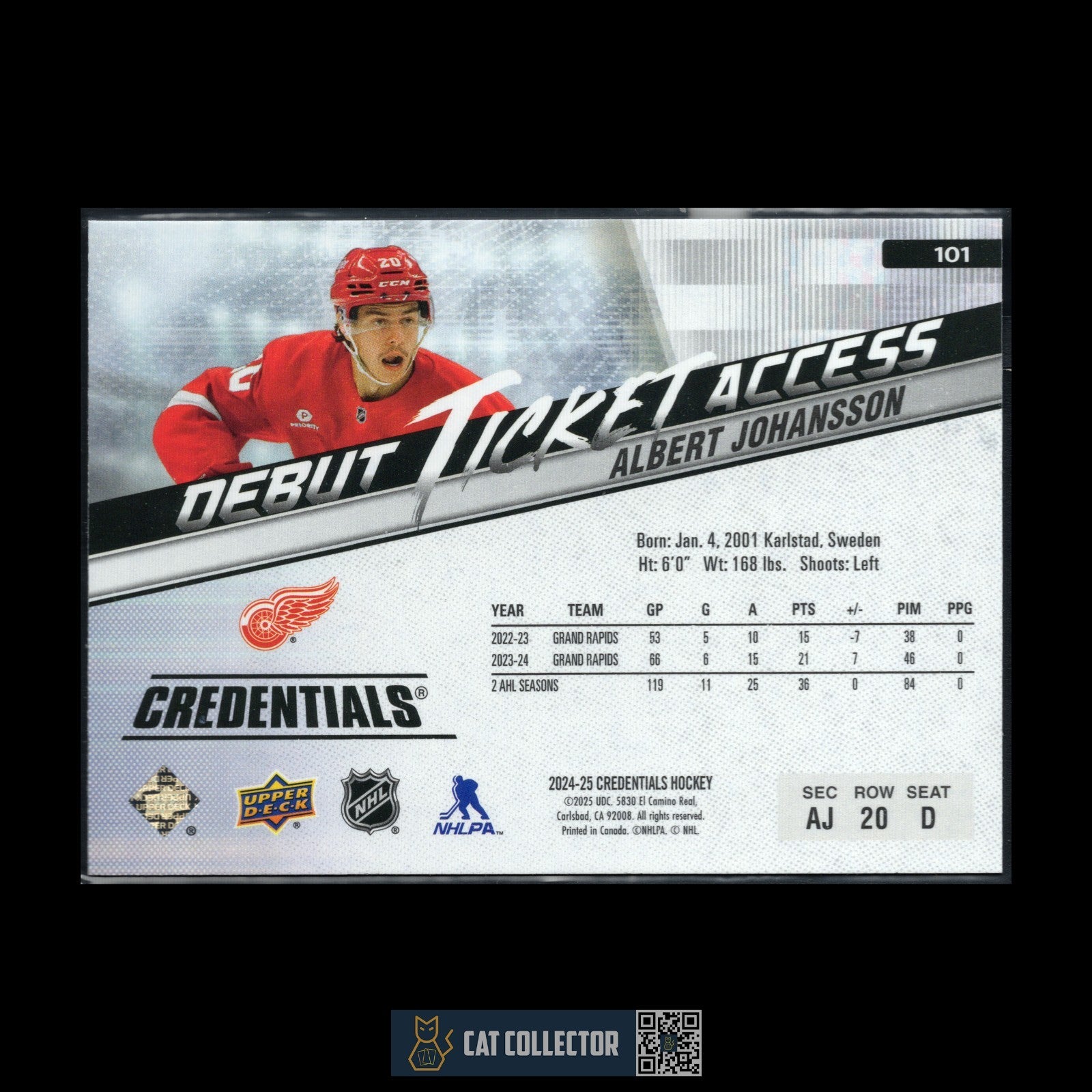 2024-25 UD Credentials ALBERT JOHANSSON #101 Debut Ticket Access Horizontal RC