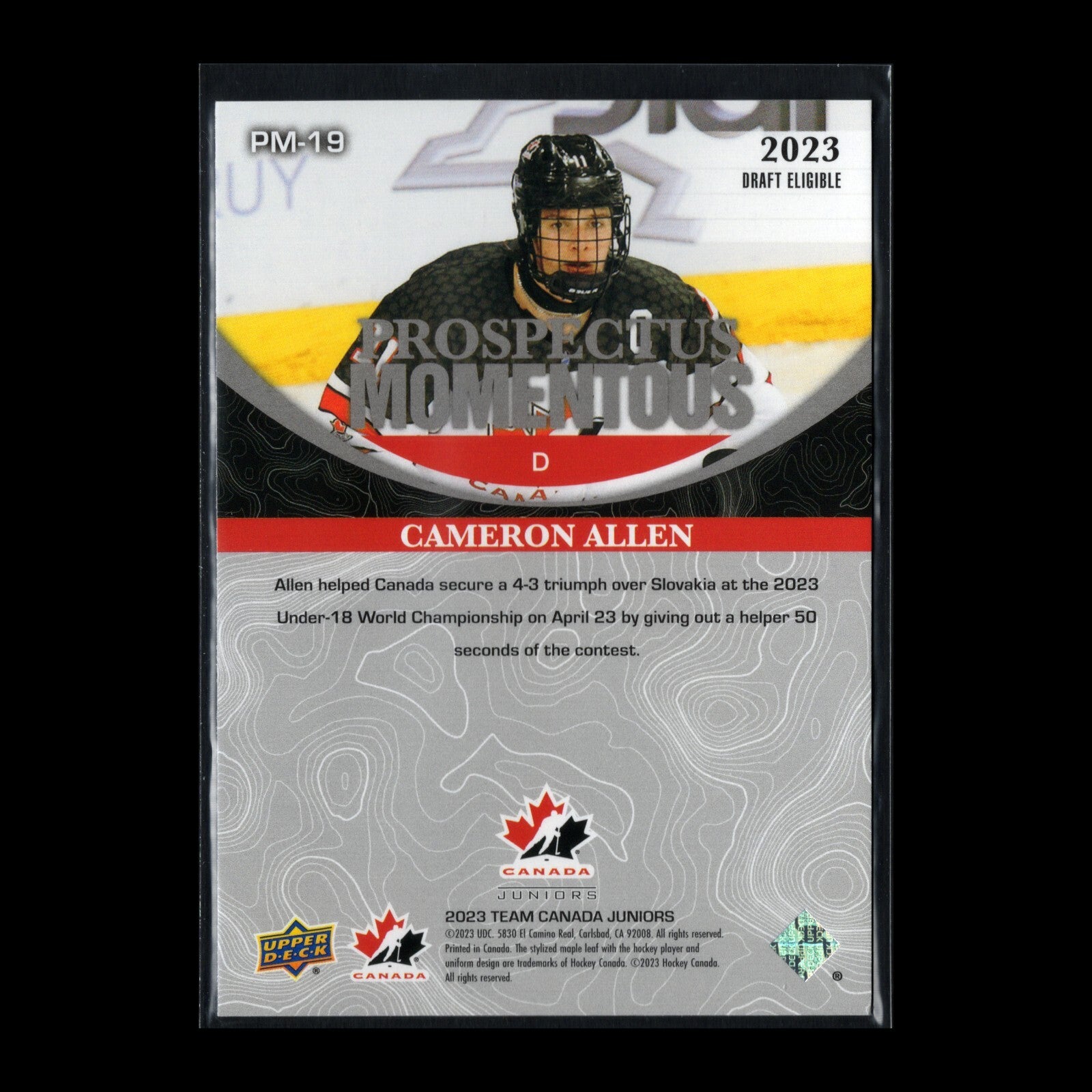 2023 UD Team Canada Juniors CAMERON ALLEN #PM-19 Prospectus Momentous Silver
