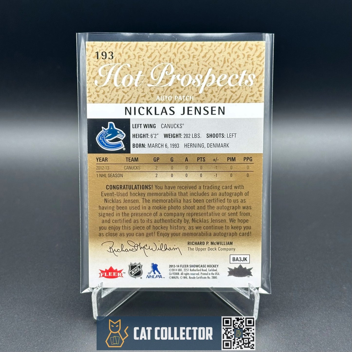 2013-14 Fleer Showcase NICKLAS JENSEN #193 Hot prospects RC /375 Auto Patch