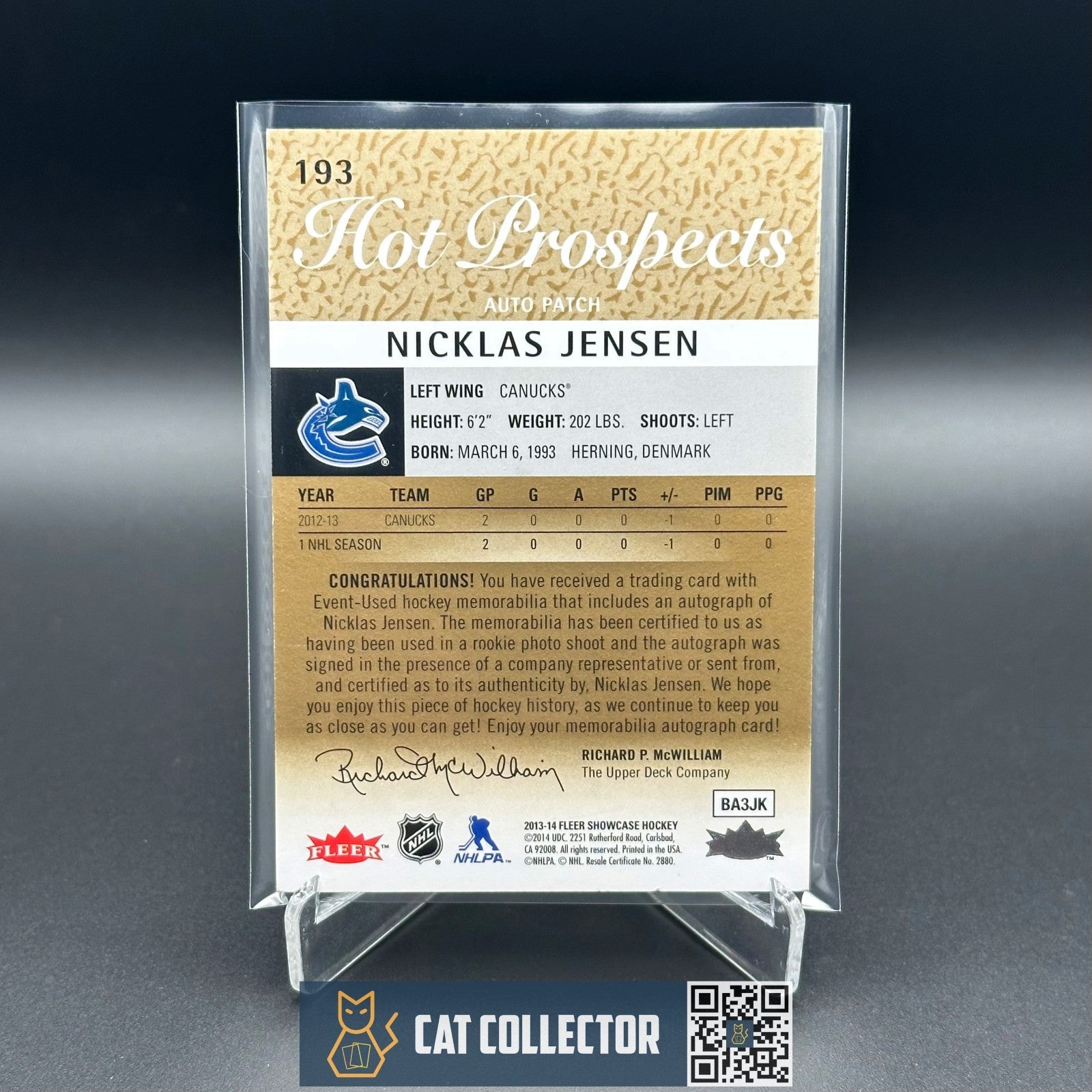 2013-14 Fleer Showcase NICKLAS JENSEN #193 Hot prospects RC /375 Auto Patch