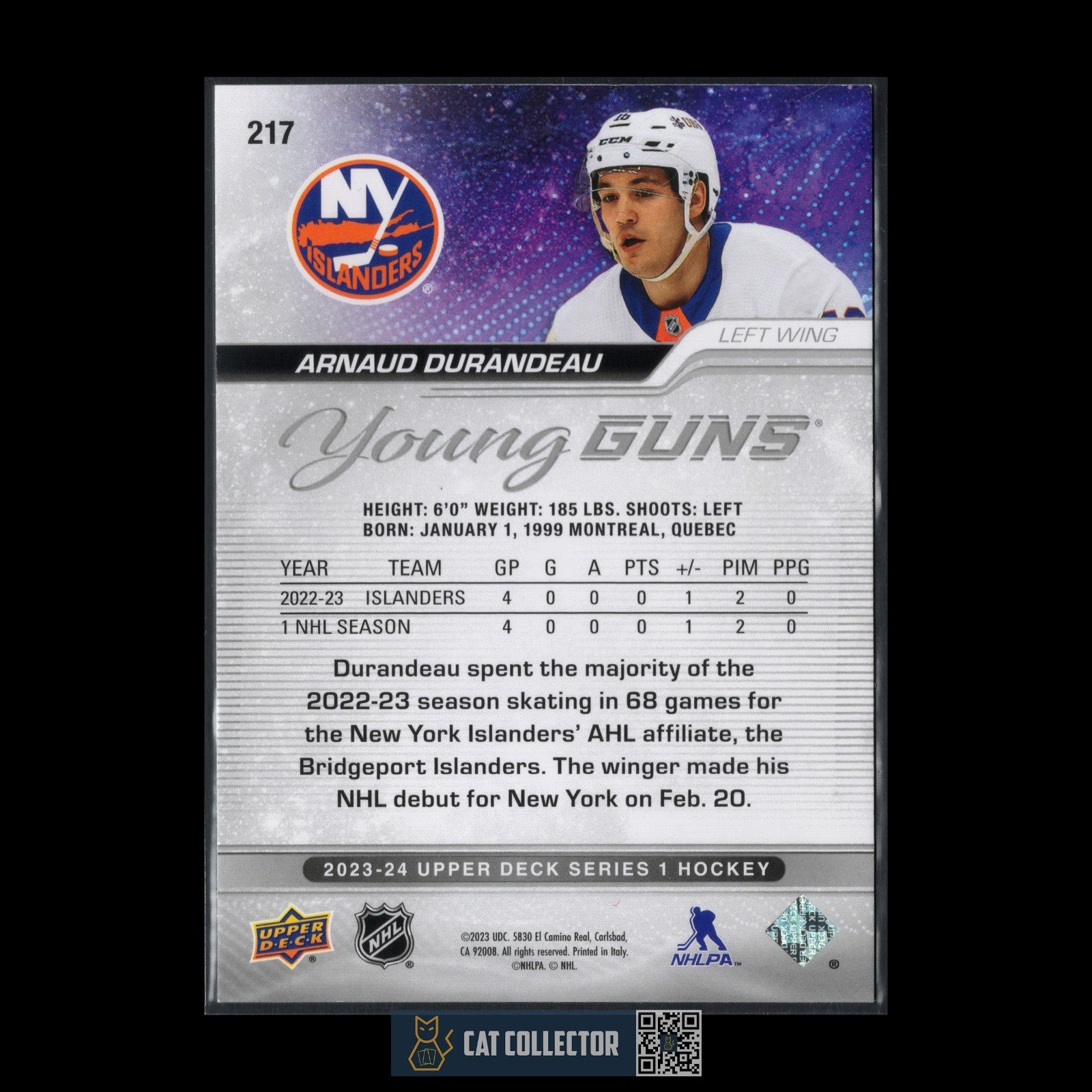2023-24 UD Series 1 ARNAUD DURANDEAU #217 Young guns Exclusives RC /100