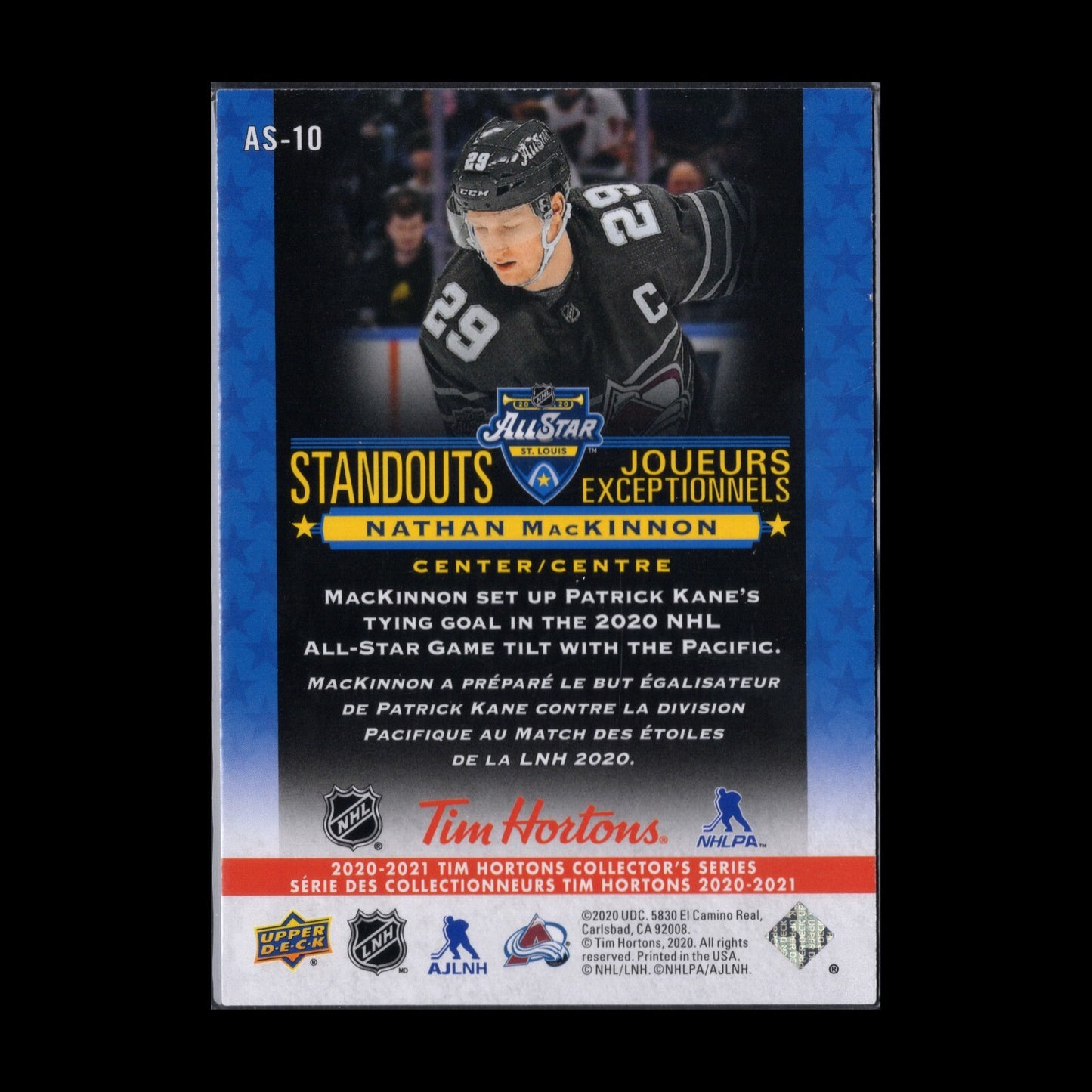 2020-21 UD Tim Hortons NATHAN MACKINNON #AS-10 Standouts - Colorado Avalanche