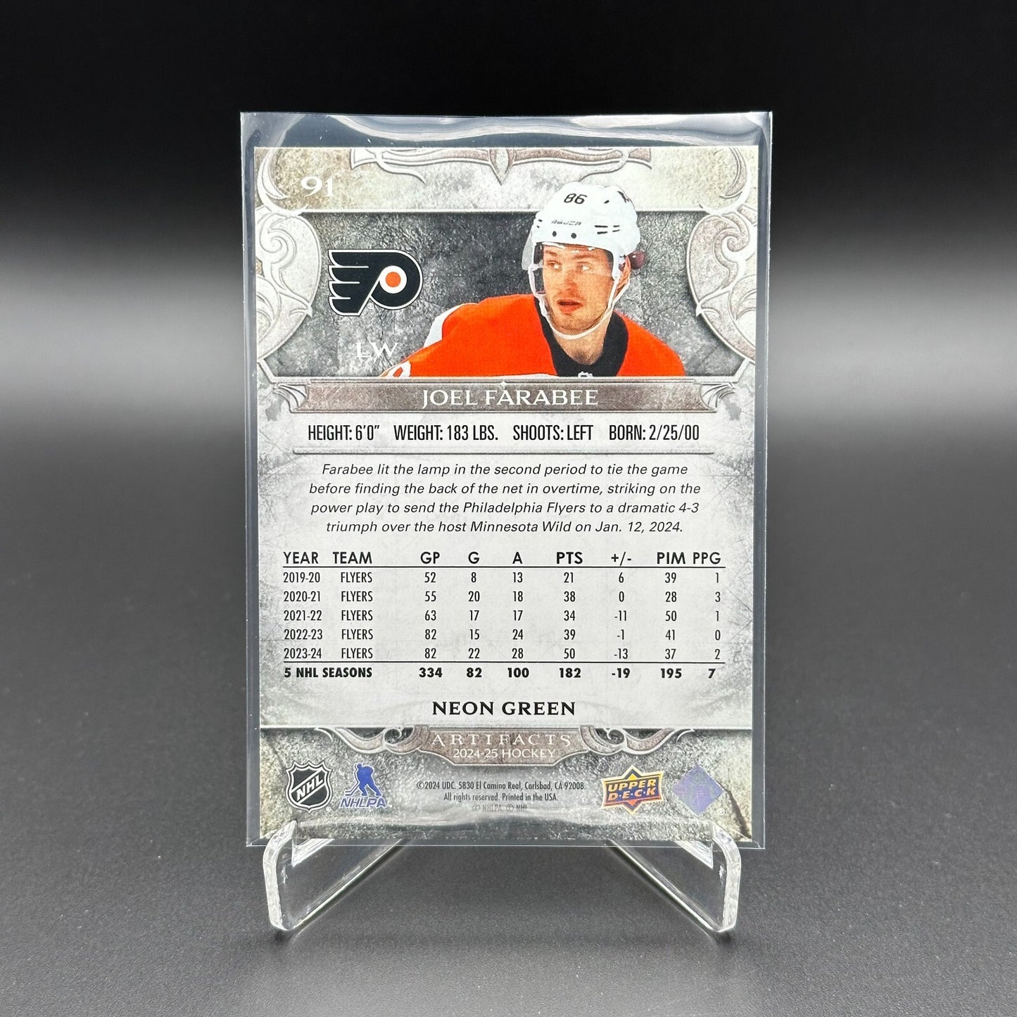 2024-25 UD Artifacts JOEL FARABEE #91 Neon Green - Philadelphia Flyers