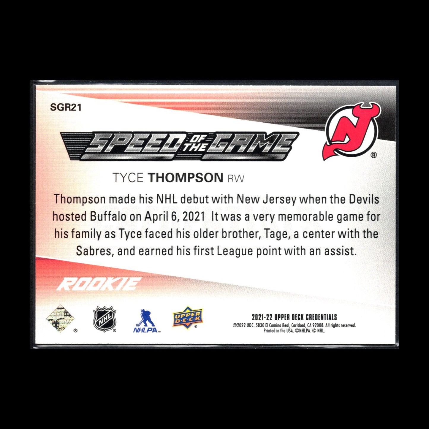 2021-22 UD Credentials TYCE THOMPSON #SGR21 Speed of the Game RC