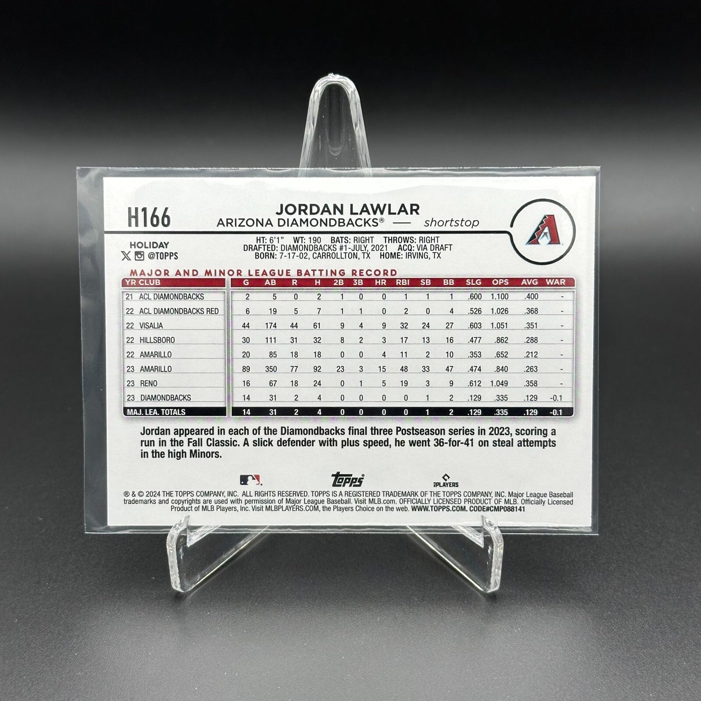 2024 Topps Holiday JORDAN LAWLAR #H166 RC - Arizona Diamondbacks
