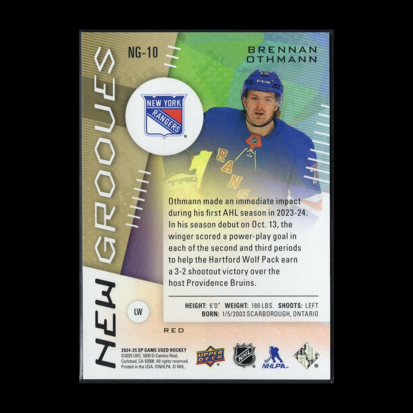 2024-25 UD SP Game Used BRENNAN OTHMANN #NG-10 New Grooves Red RC - NY Rangers