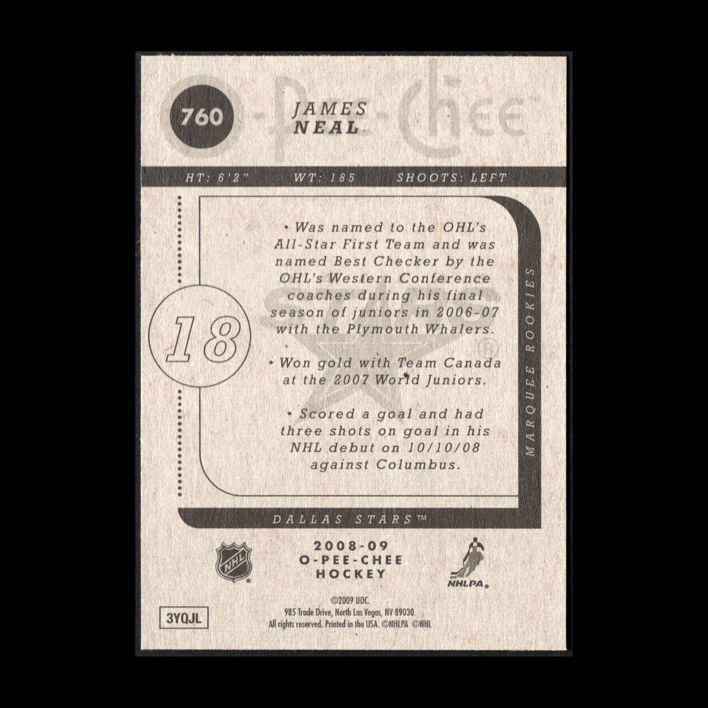 2008-09 O-Pee-Chee Hockey JAMES NEAL #760 Marquee rookie RC - Dallas Stars