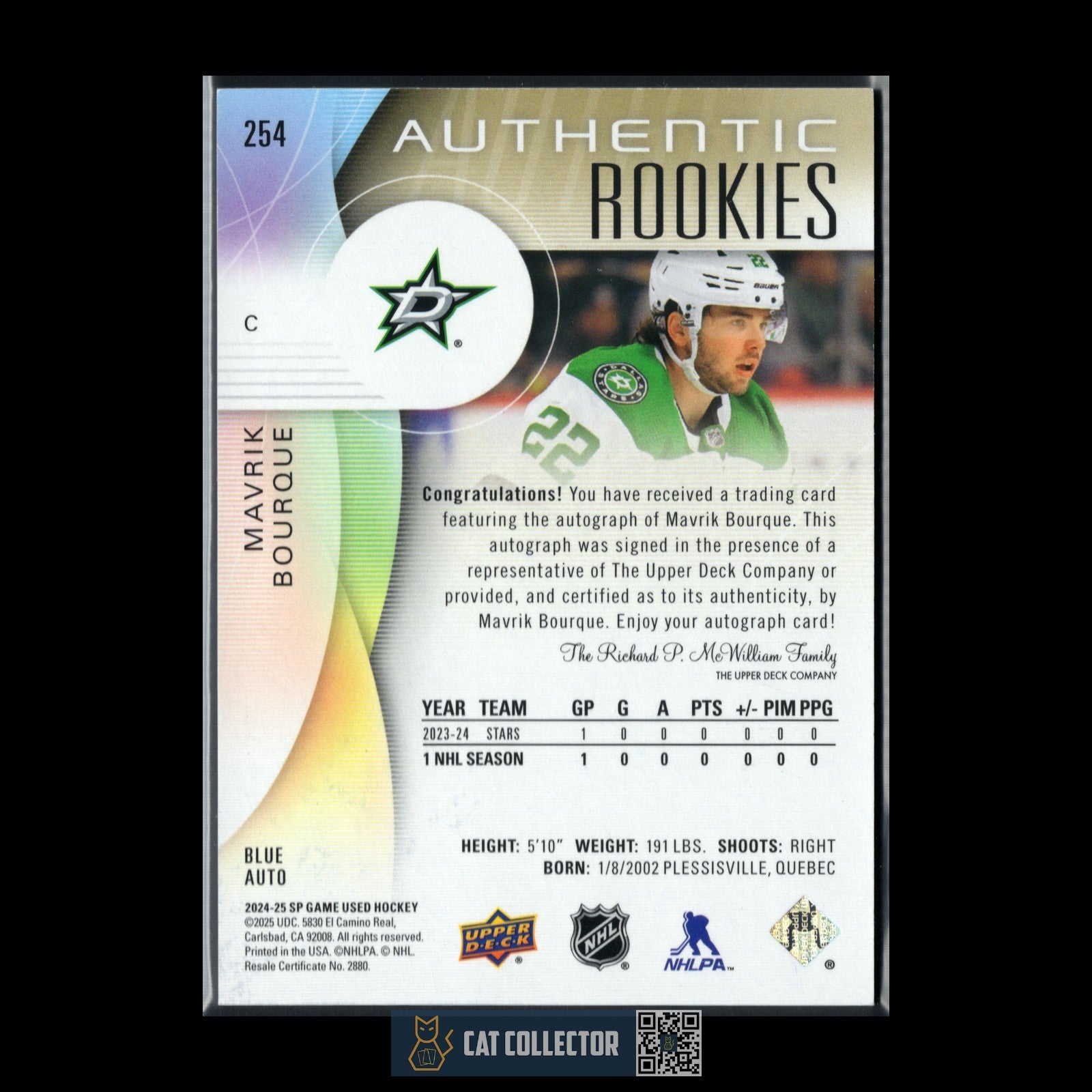 2024-25 UD SP Game Used MAVRIK BOURQUE #254 Blue AUTO Rookie RC - Dallas Stars