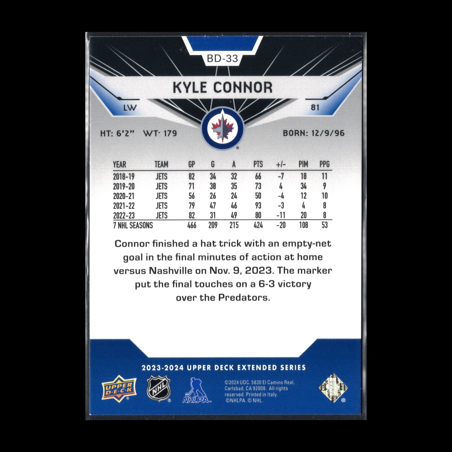 2023-24 UD Extended series KYLE CONNOR #BD-33 Black Diamond - Winnipeg Jets