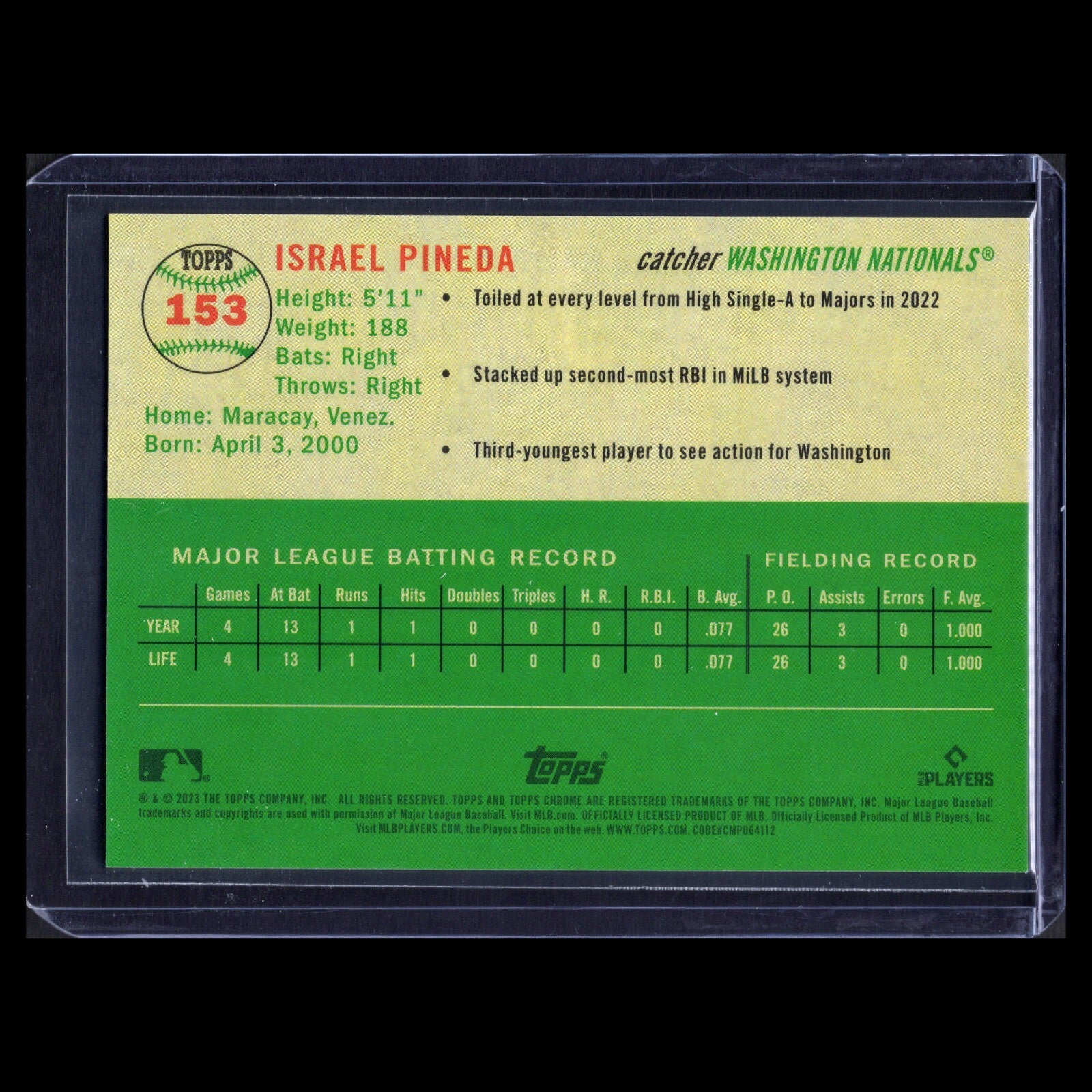 2023 Topps Chrome Platinum ISRAEL PINEDA #153 Toile White/Green Refractor RC /99