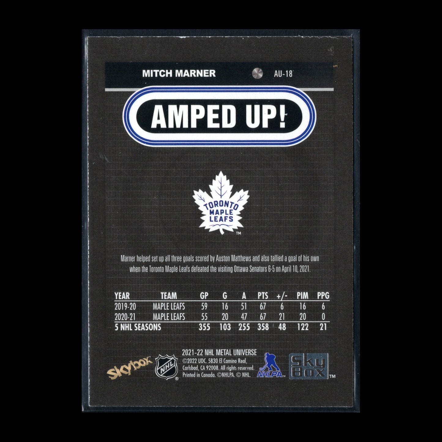 2021-22 SkyBox Metal Universe MITCH MARNER #AU-18 Amped Up