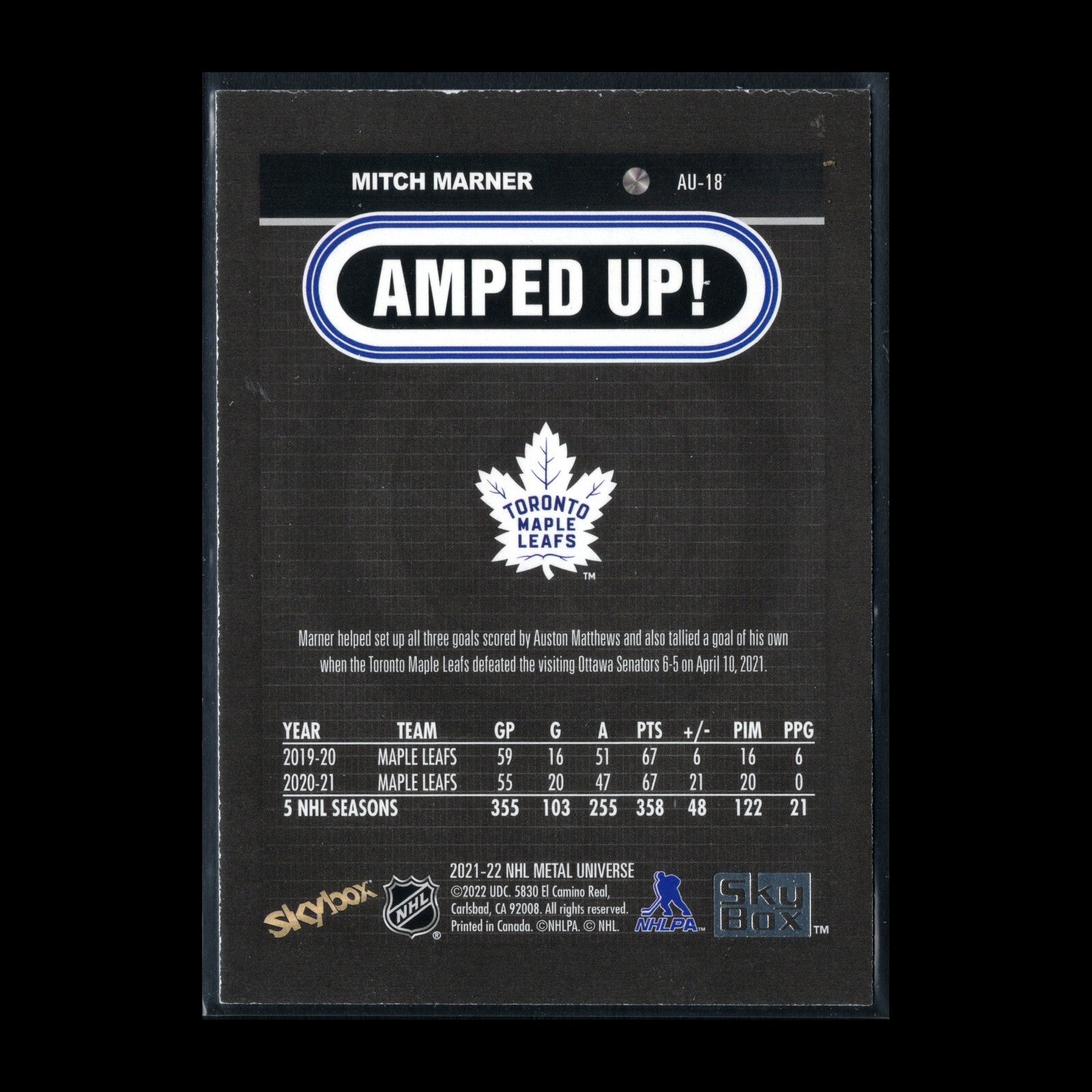 2021-22 SkyBox Metal Universe MITCH MARNER #AU-18 Amped Up