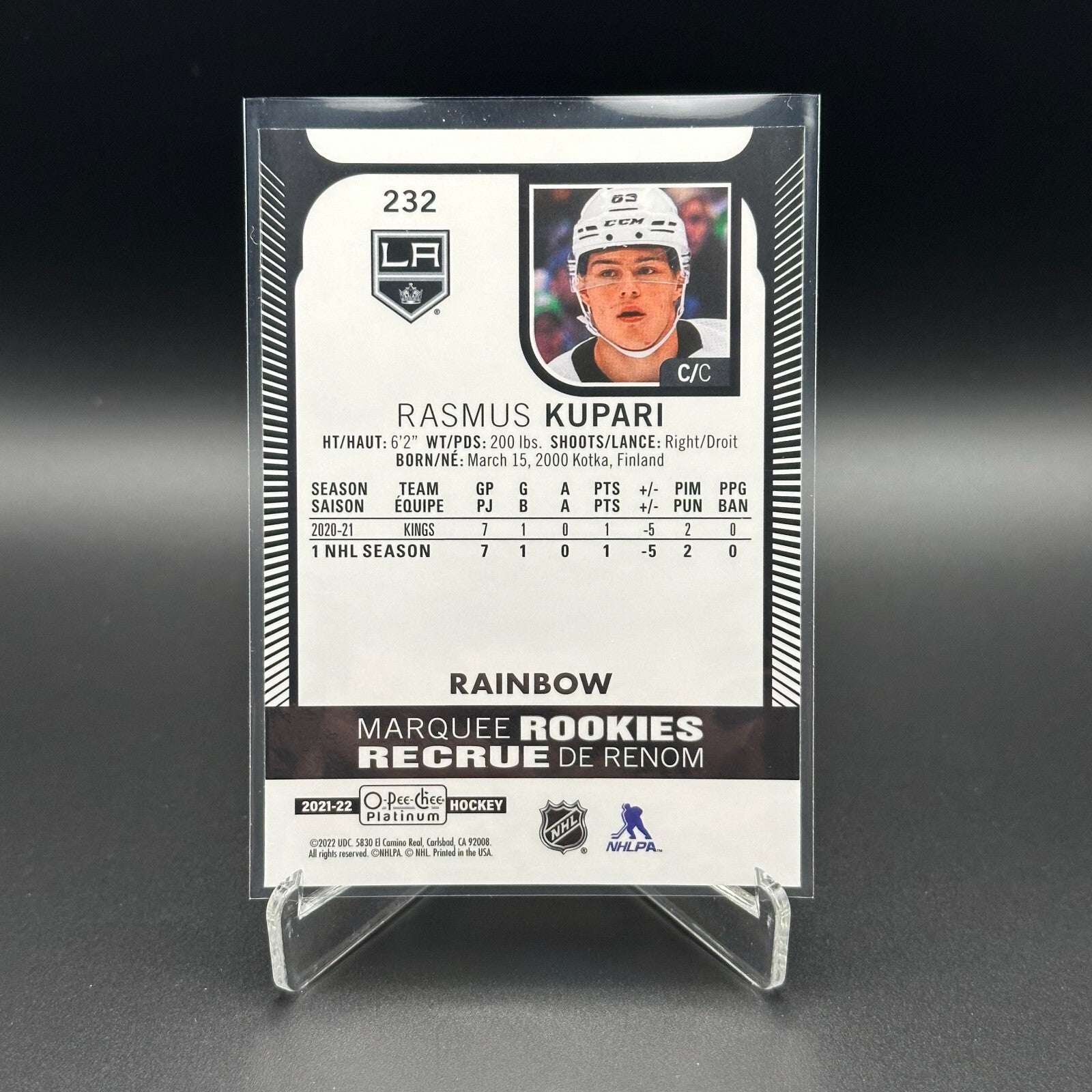 2021-22 O-Pee-Chee Platinum RASMUS KUPARI #232 Marquee Rookie Rainbow RC