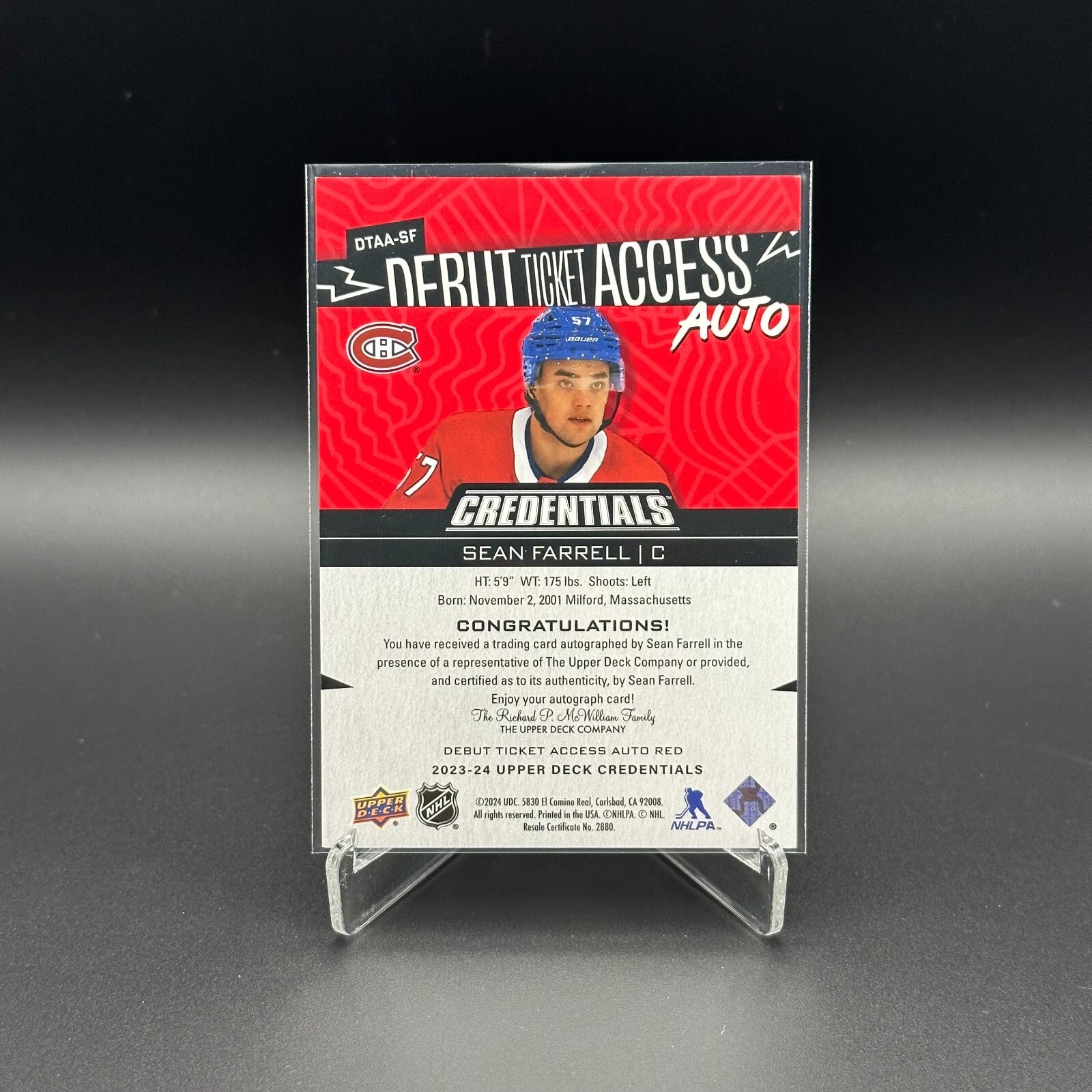 2023-24 UD Credentials SEAN FARRELL #DTAA-SF Debut Ticket Access AUTO Red RC /99