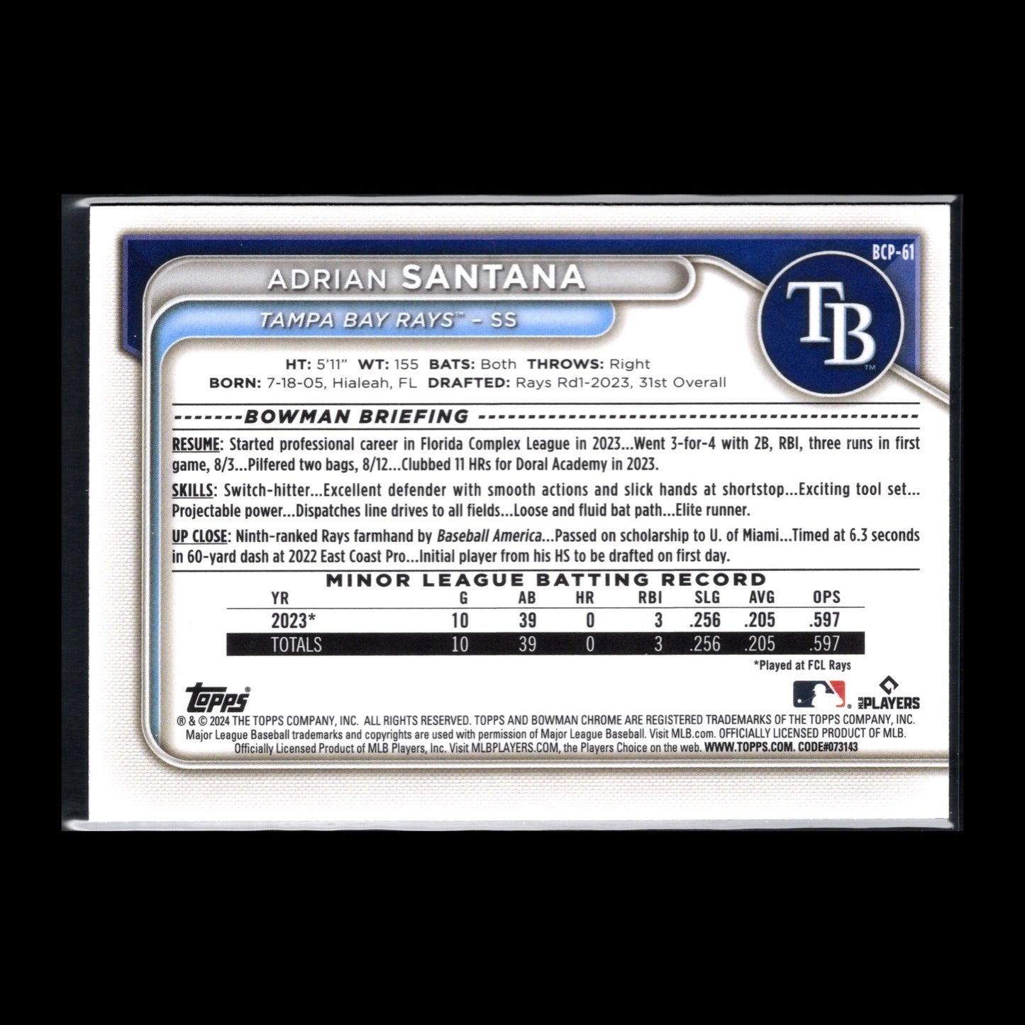 2024 Topps Chrome Bowman ADRIAN SANTANA #BCP-61 Prospect RC - Tampa Bay Rays