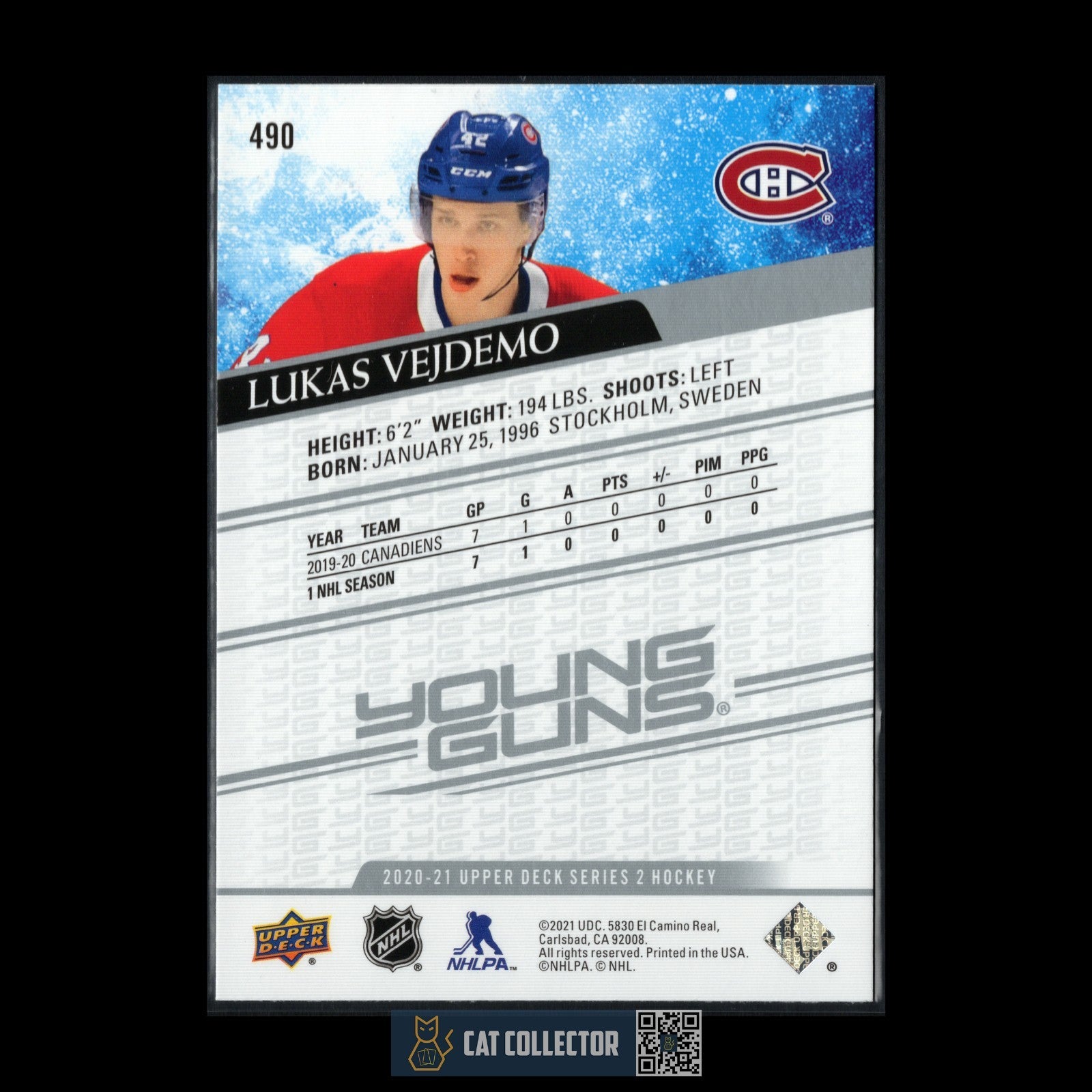 2020-21 UD Series 2 LUKAS VEJDEMO #490 Young guns RC - Montreal Canadiens