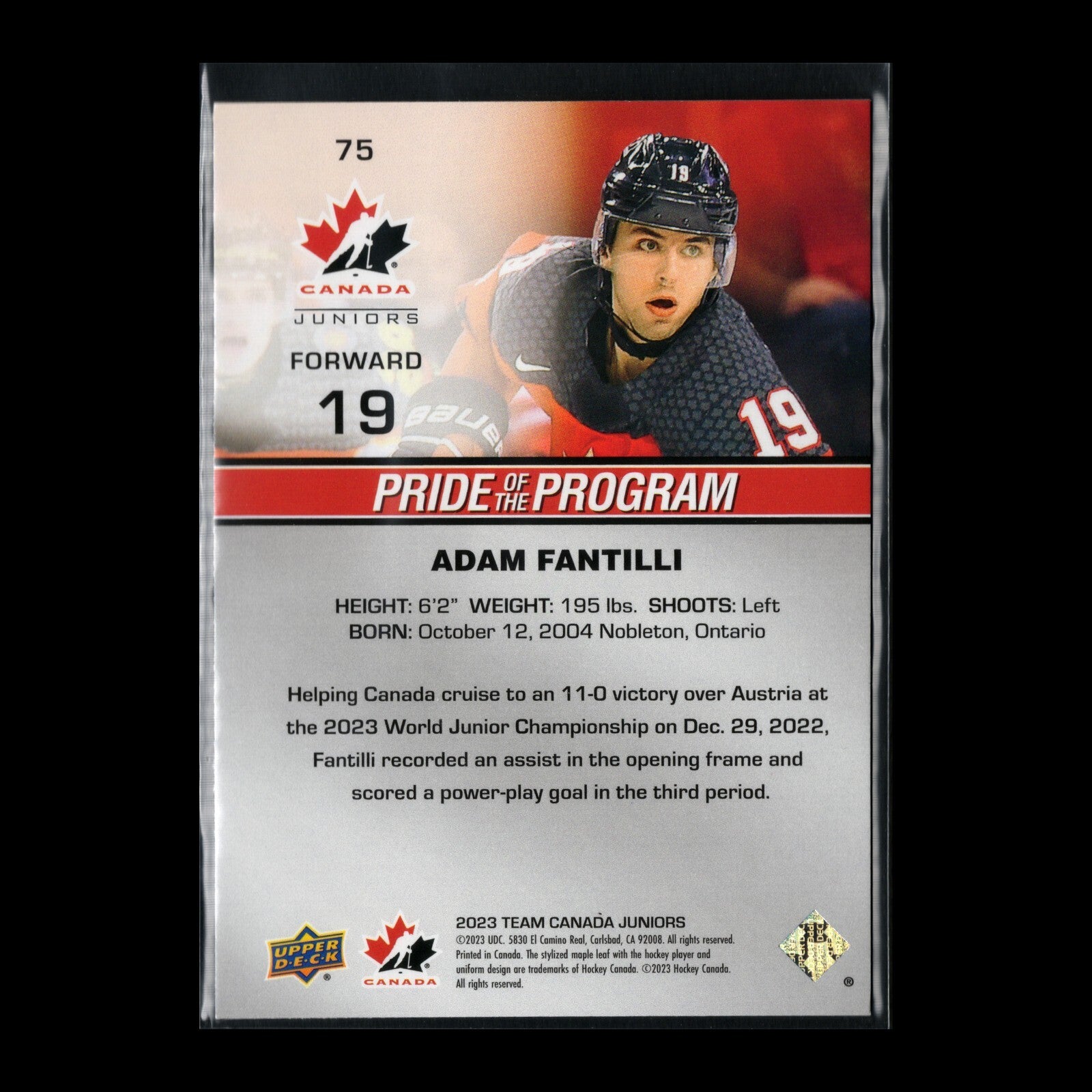 2023 Upper Deck Team Canada Juniors ADAM FANTILLI #75 Pride of the program
