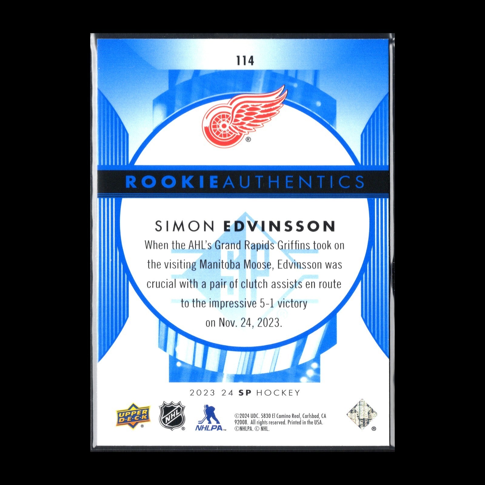 2023-24 UD SP Authentic SIMON EDVINSSON #114 Rookie Authentics Detroit Red Wings
