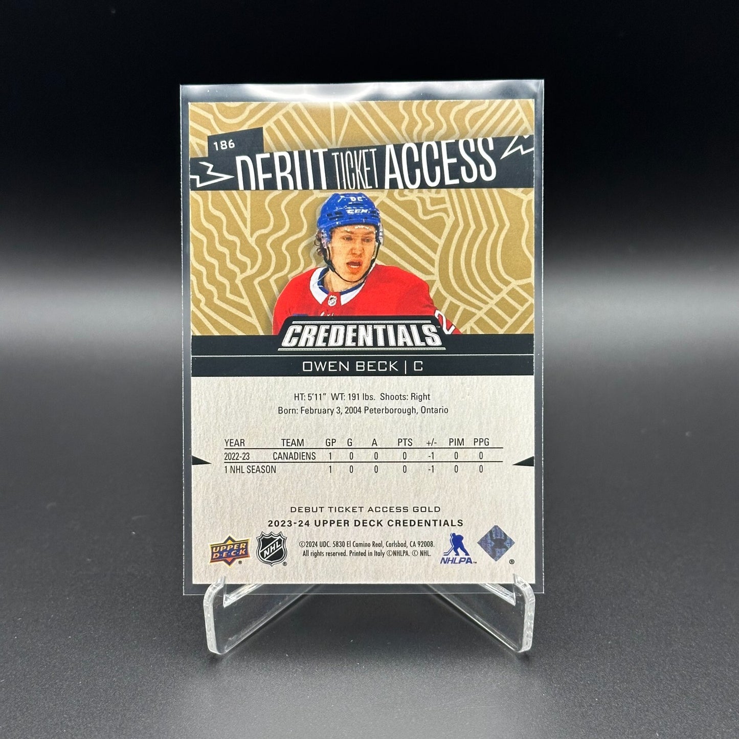 2023-24 UD Credentials OWEN BECK #186 Debut Ticket Access Gold 5/5 RC