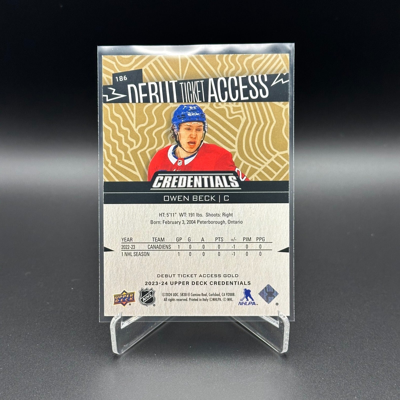 2023-24 UD Credentials OWEN BECK #186 Debut Ticket Access Gold 5/5 RC