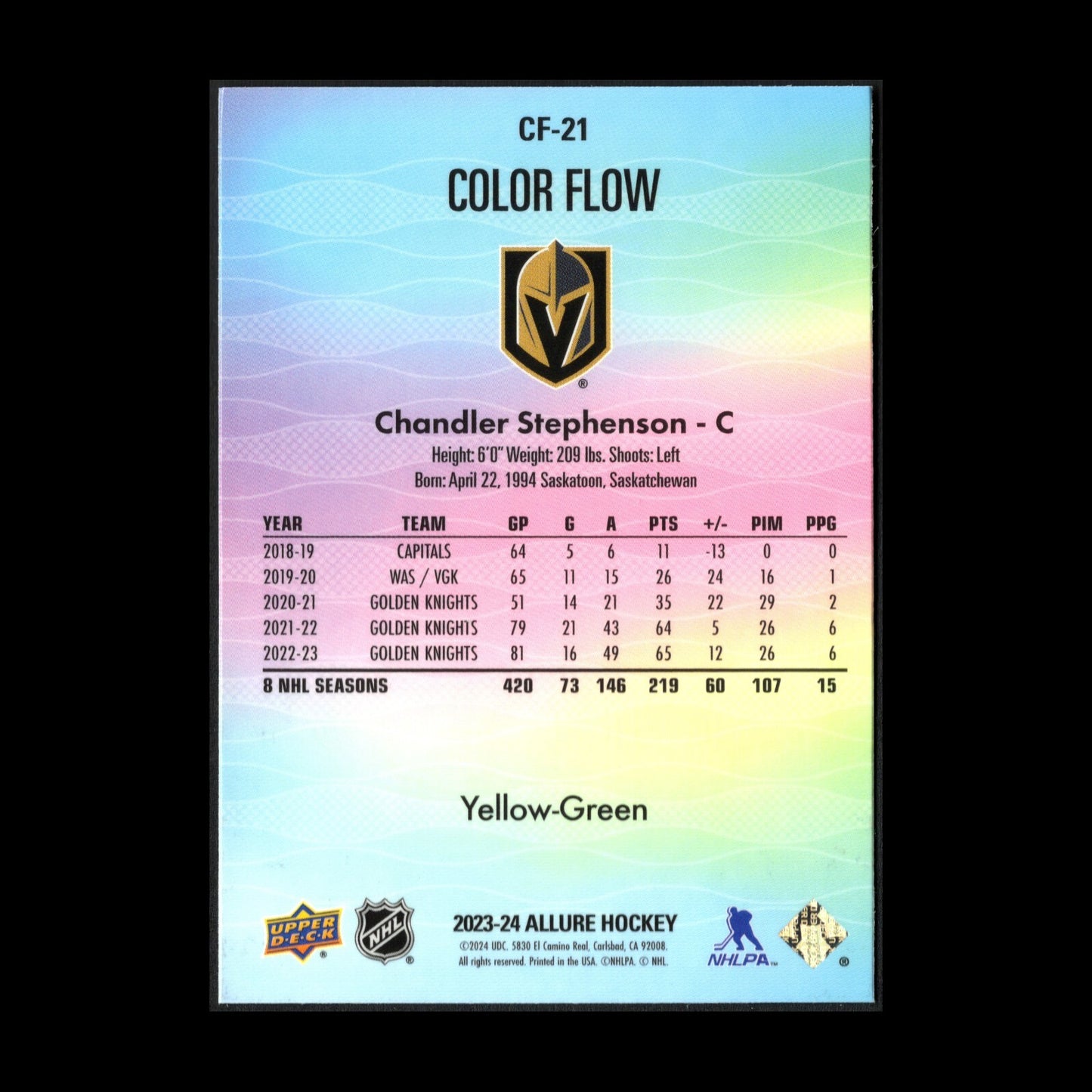 2023-24 UD Allure CHANDLER STEPHENSON #CF-21 Color Flow Yellow-Green