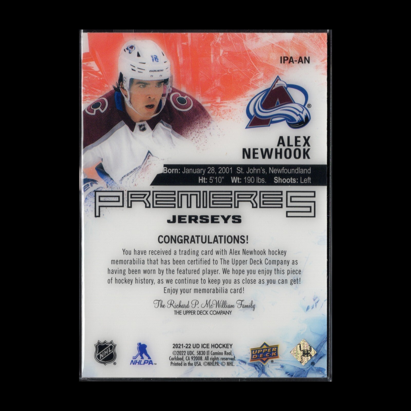 2021-22 UD Ice ALEX NEWHOOK #IPA-AN Premieres Jersey Rookie RC