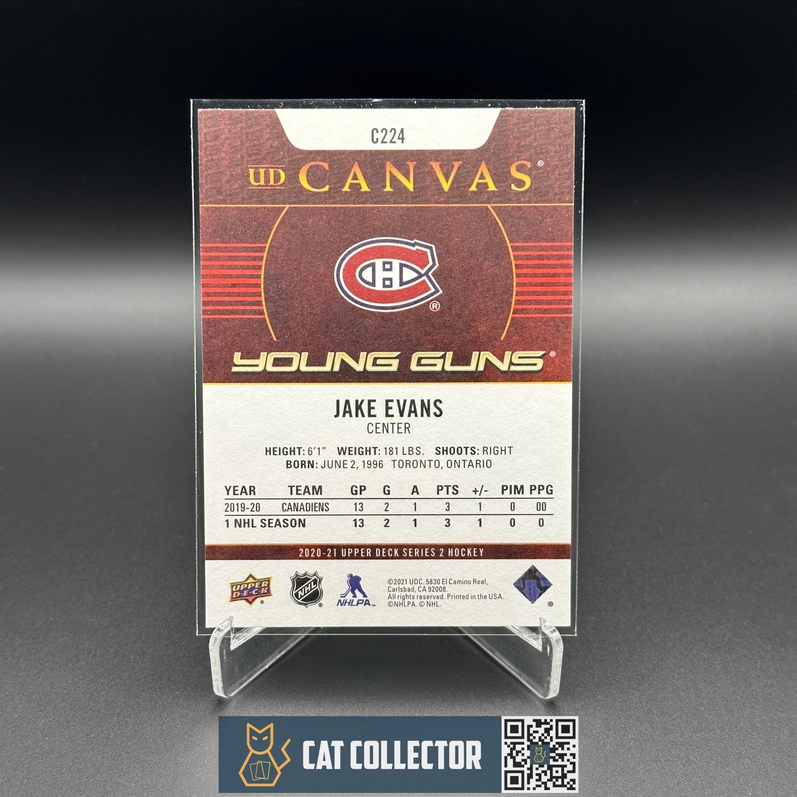 2020-21 UD Series 2 JAKE EVANS #C224 UD Canvas Young guns RC Montreal Canadiens