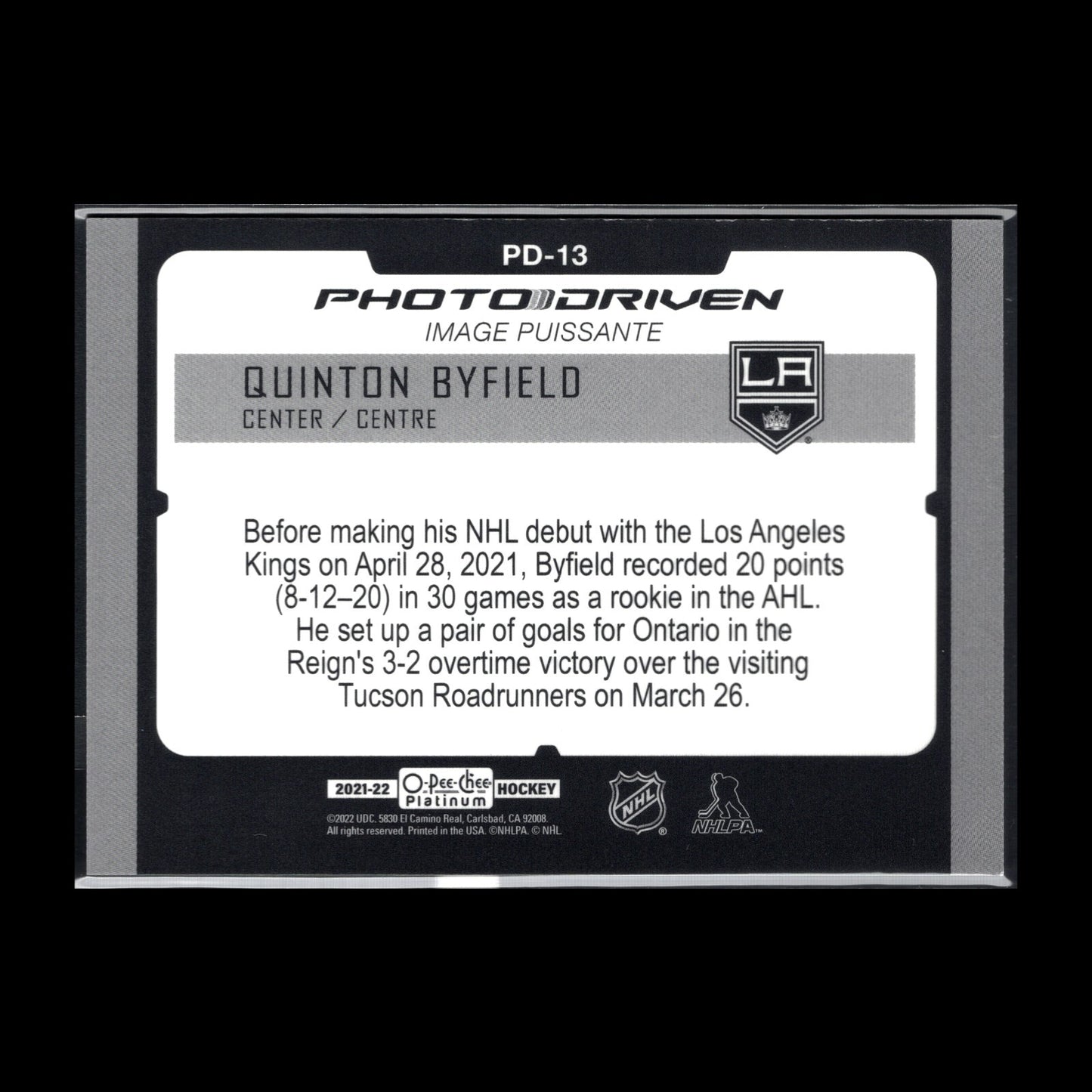 2021-22 O-Pee-Chee Platinum QUINTON BYFIELD #PD-13 Photo Driven - LA Kings