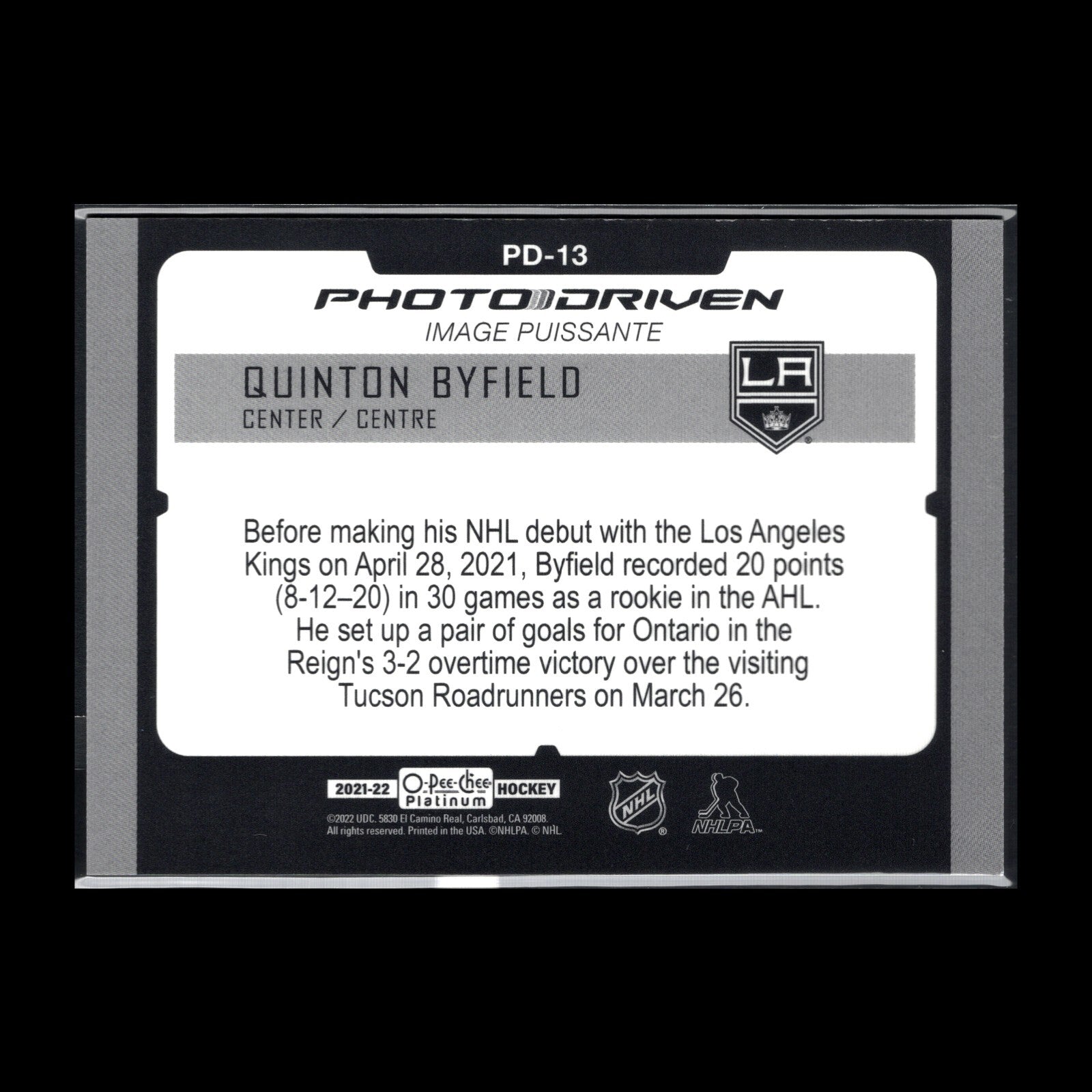 2021-22 O-Pee-Chee Platinum QUINTON BYFIELD #PD-13 Photo Driven - LA Kings